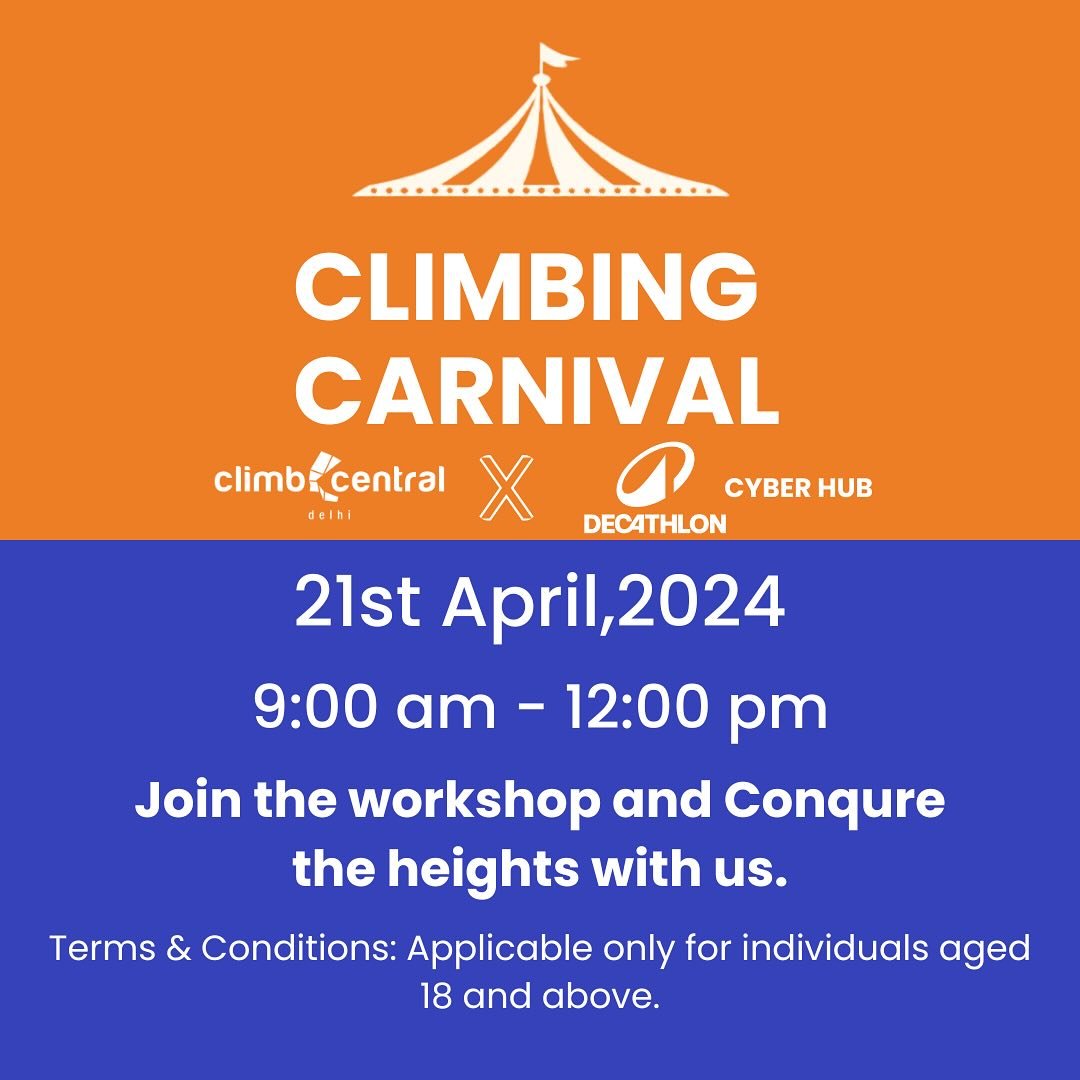 🎪 Get ready for the ultimate Climbing Carnival at Climb Central Delhi with Decathlon Cyberhub! 🧗&zwj;♀️ 
Join us on April 21st, 9:00 am - 12:00 pm. Climb, conquer, and win big! All participants receive a 299INR Decathlon Gift Coupon, and winners sn