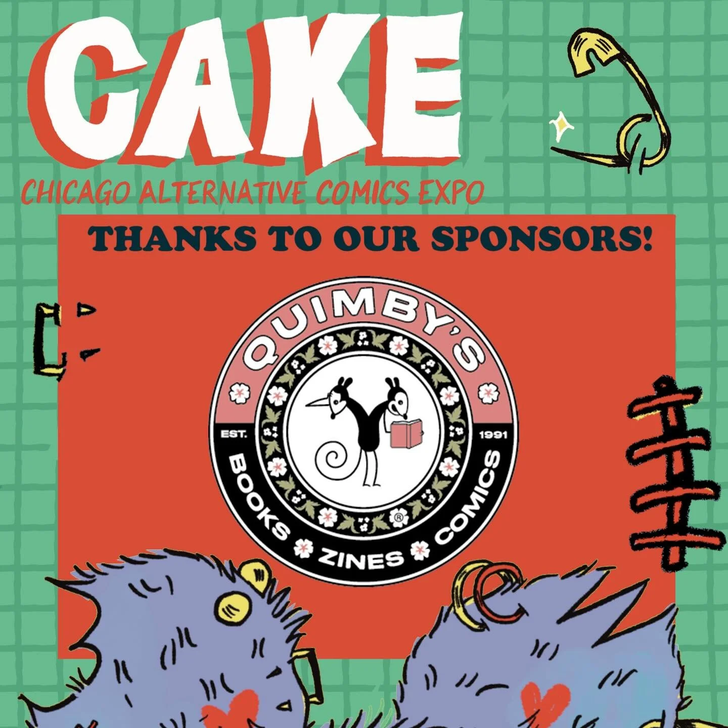 Thank you to festival sponsors @quimbysbookstore legendary independent bookstore and purveyors of all things comics and zines!
Stop by Quimby&rsquo;s (1854 W North Ave) while you&rsquo;re in town for CAKE!