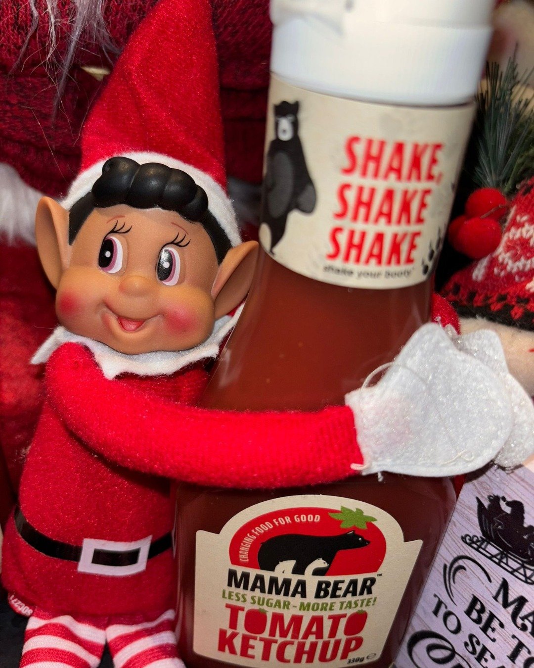 Looks like Elf on the Shelf couldn&rsquo;t resist Mama Bear Ketchup 🎄🧝&zwj;♂️🍅 A firm favourite with kids, just as loved by grown ups  and now officially Elf approved too! The perfect addition to festive family meals this Christmas. Available in T