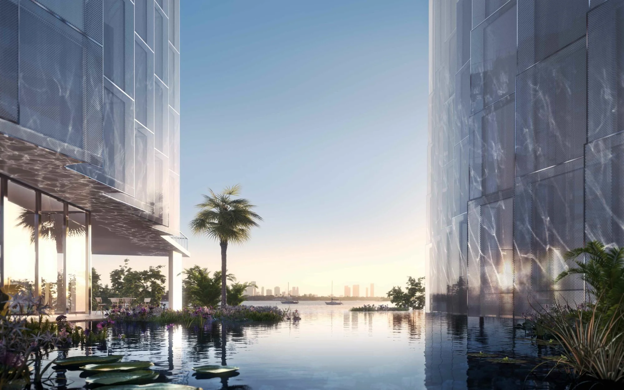 A lagoon with a view of Biscayne Bay between Monad Terrace's two buildings. (Image: Courtesy JDS Development Group)