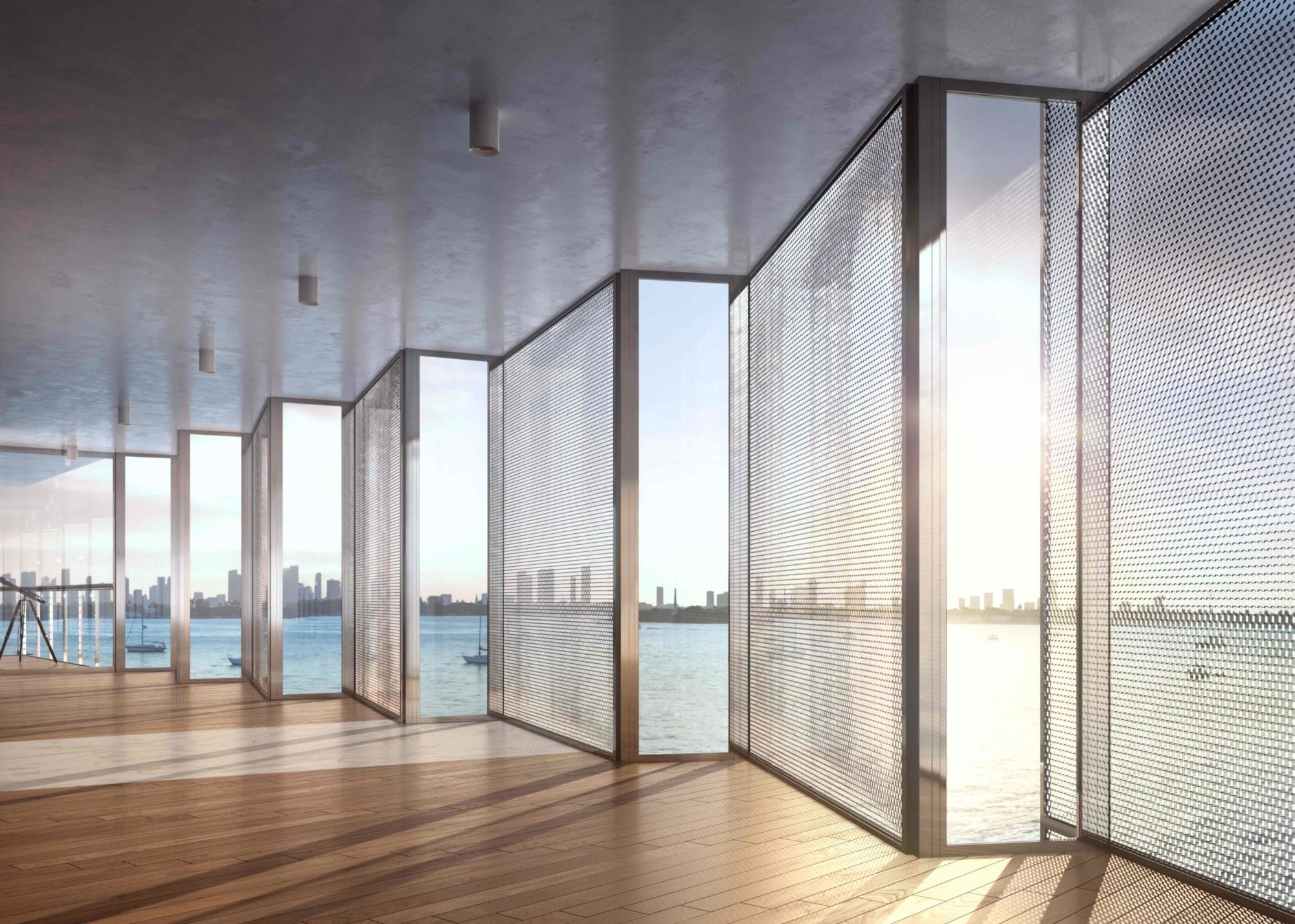 A metal screen enclosed by glass panels will reflect light into residences at Monad Terrace, while also providing privacy. (Image: Courtesy JDS Development Group)