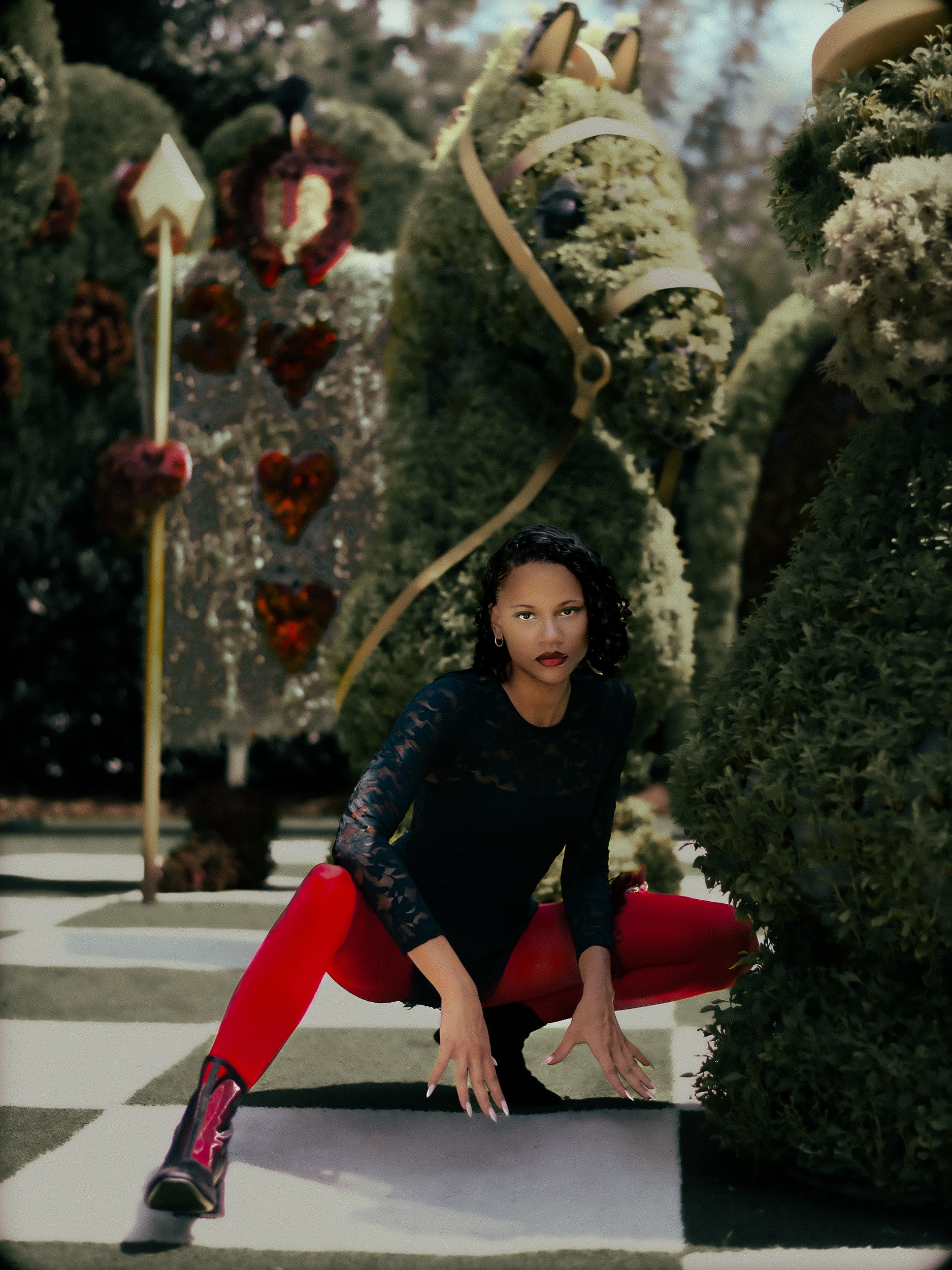 A woman model wearing a black lace top and bright red pants crouches on a walkway with a checkered pattern, surrounded by large green bushes and ornate floral topiary sculptures in the shape of a horse and a banner with hearts in a garden or park set