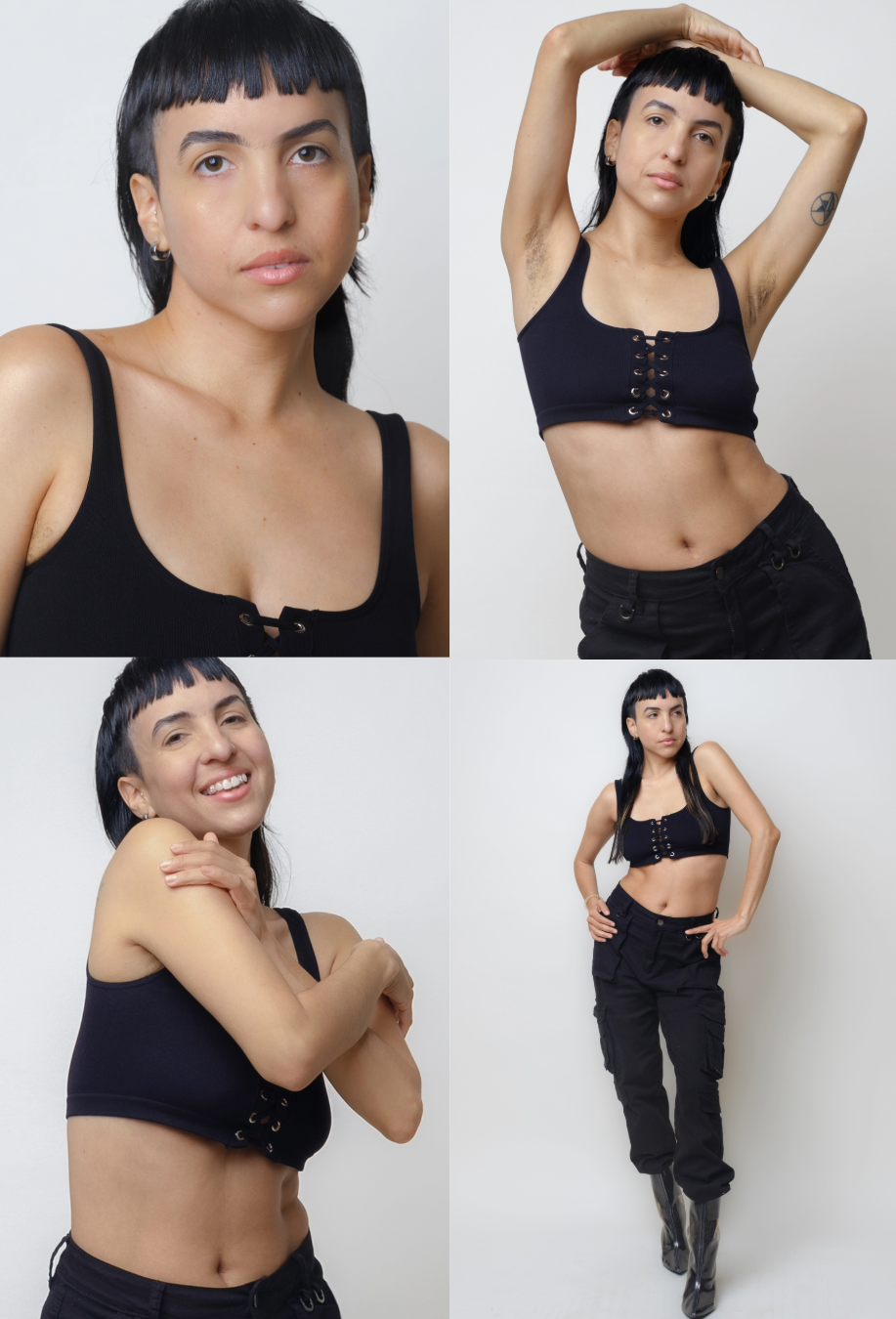 A woman with short black hair in a black crop top and black pants, in four different poses against a plain light gray background.