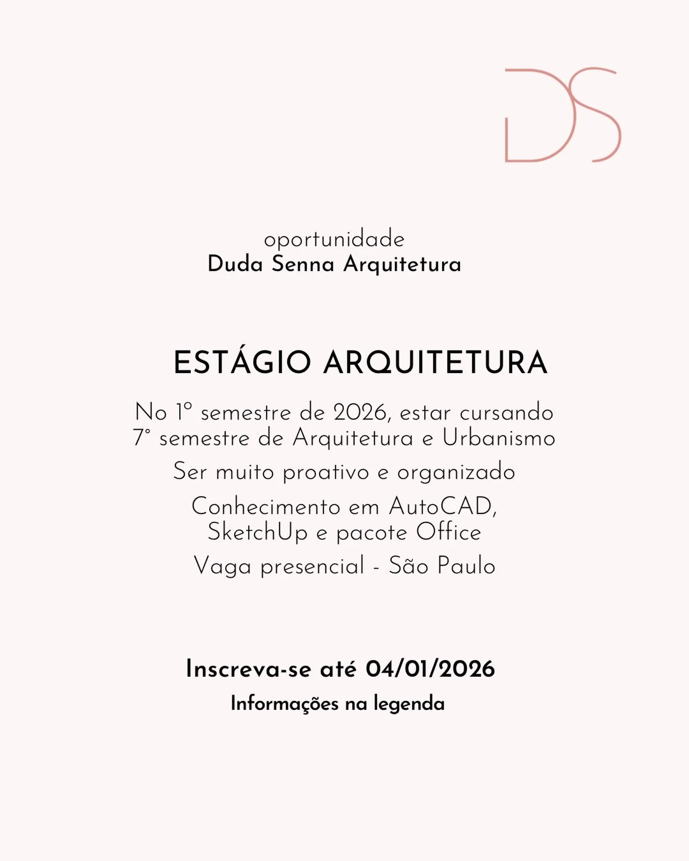 ‼️‼️Estamos a procura de ESTAGI&Aacute;RIO(A)‼️‼️

Requisitos:
&bull; No 1&ordm; semestre de 2026, estar cursando 7&ordm; semestre de Arquitetura e Urbanismo;
&bull; Ser muito proativo e organizado;
&bull; Conhecimento em AutoCAD, SketchUp e pacote O