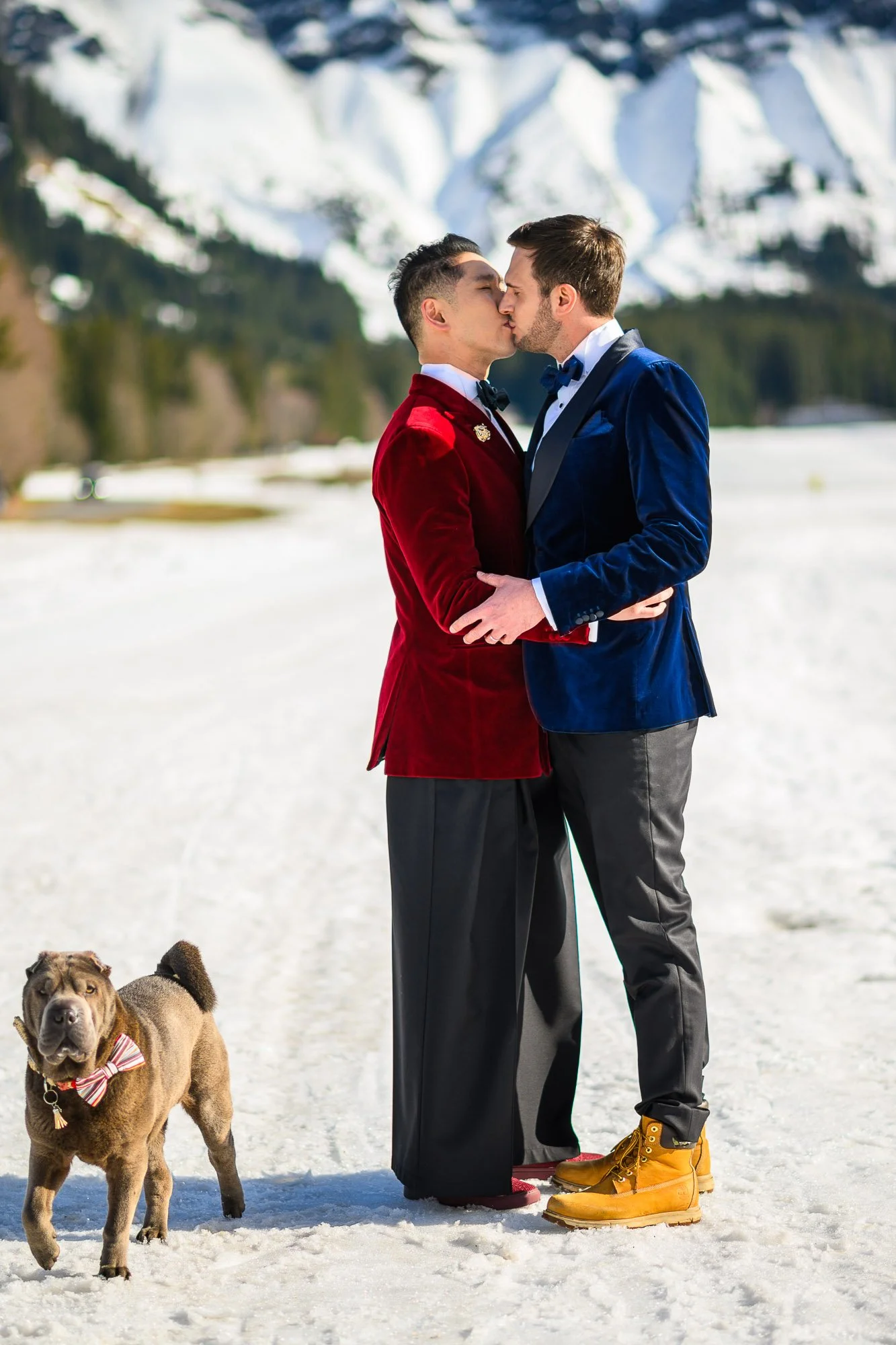 Deux hommes en costume élégant s'embrassent dans un paysage enneigé avec une montagne en arrière-plan, un chien assis à côté regarde.
