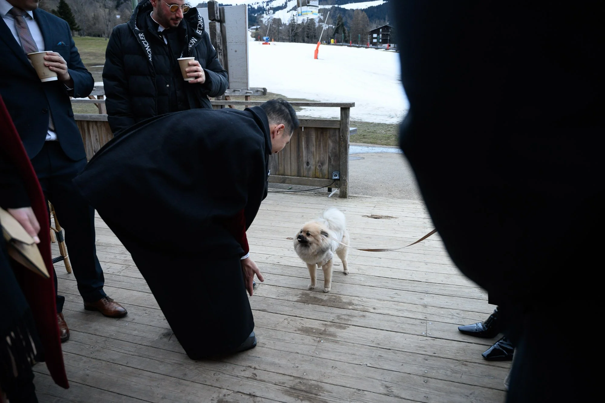 Groupe de personnes à l'extérieur, un homme est en train de baisser la tête à côté d'un petit chien blanc, tandis que d'autres personnes tiennent des tasses en mousse dans leurs mains.