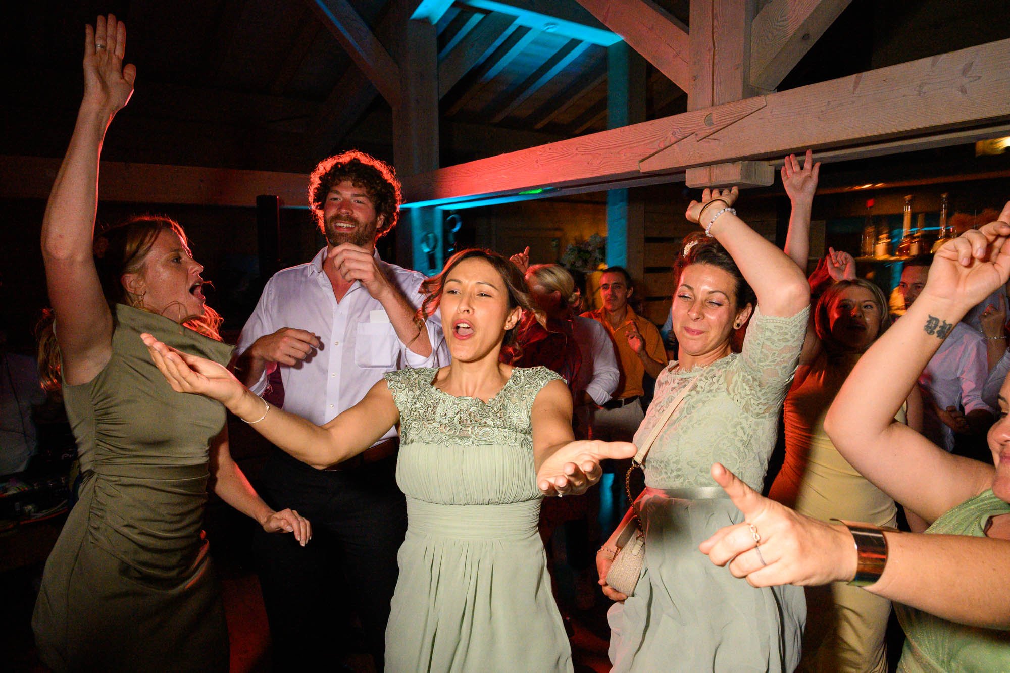 Groupe de personnes dansant et s'amusant lors d'une fête dans un intérieur en bois.