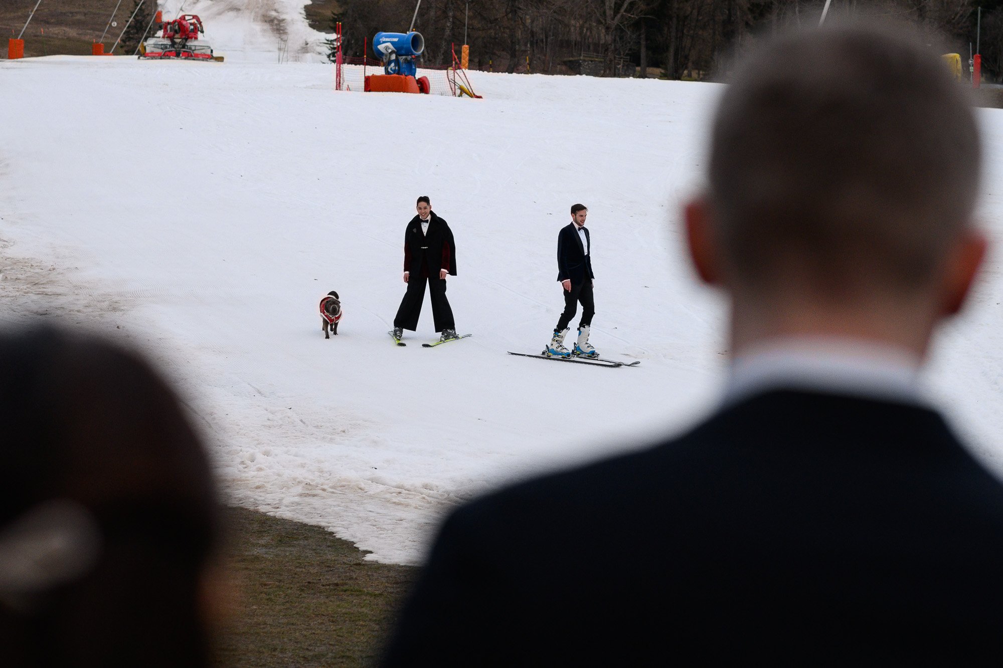 Deux personnes en costume de mariage faisant du ski sur une pente enneigée, accompagnées d'un chien. La photo est prise depuis l'intérieur d'un bâtiment, en regardant à travers une fenêtre.
