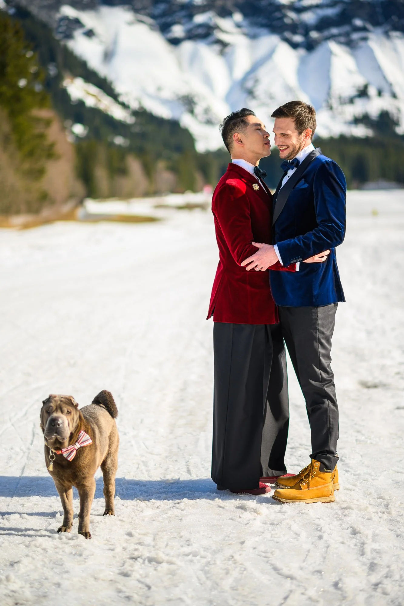 Deux hommes en costume de mariée, l'un en velours rouge, l'autre en velours bleu, se tiennent dans la neige sous un ciel clair, avec un chien brun portant un nœud papillon à rayures à leurs côtés, avec des montagnes enneigées en arrière-plan.