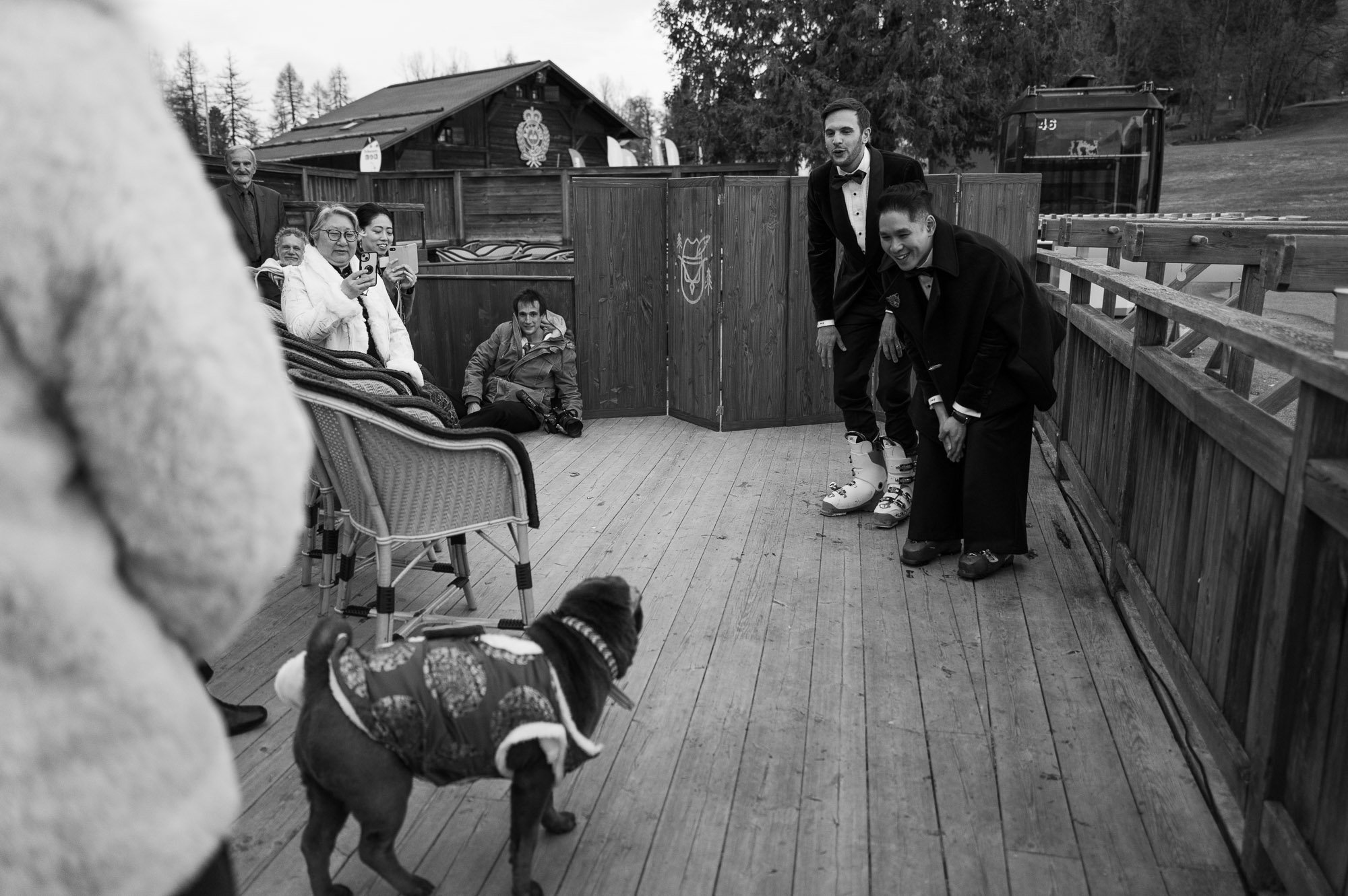 Deux hommes habillés en smoking jouent avec un chien dans une scène en noir et blanc. Des spectateurs regardent et prennent des photos, un chien porte un costume, et la scène semble être à l'extérieur avec des bâtiments et des arbres en arrière-plan.