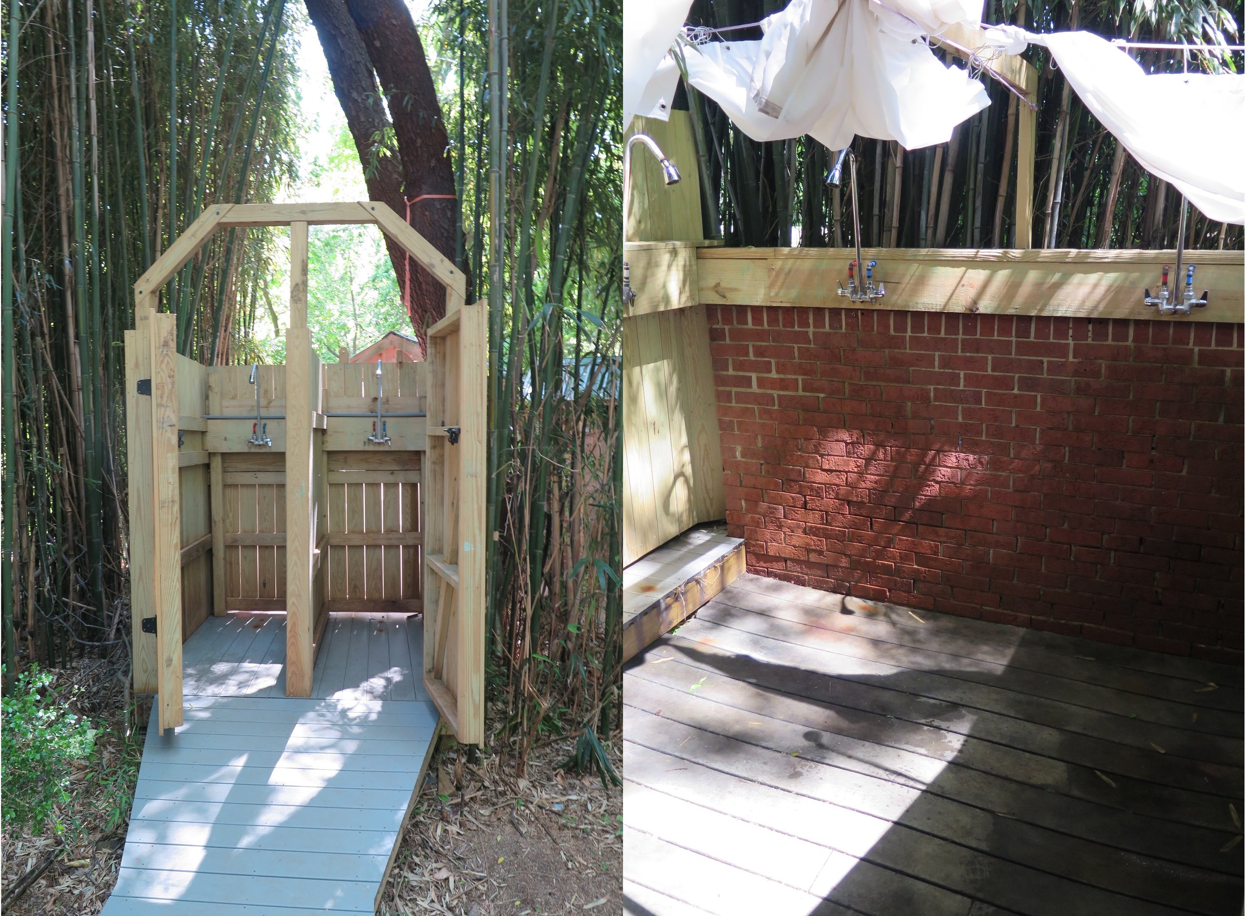 Open air showers offer private stalls or curtains
