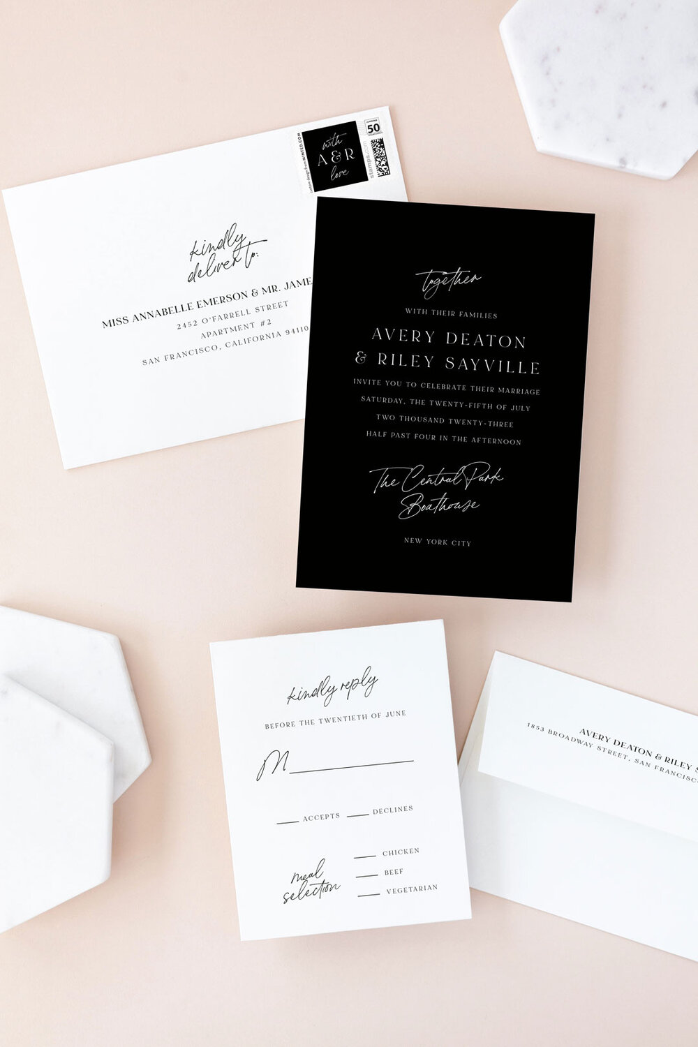 Minted Composure Black and White Formal Wedding invitation by Jackie Mangiolino