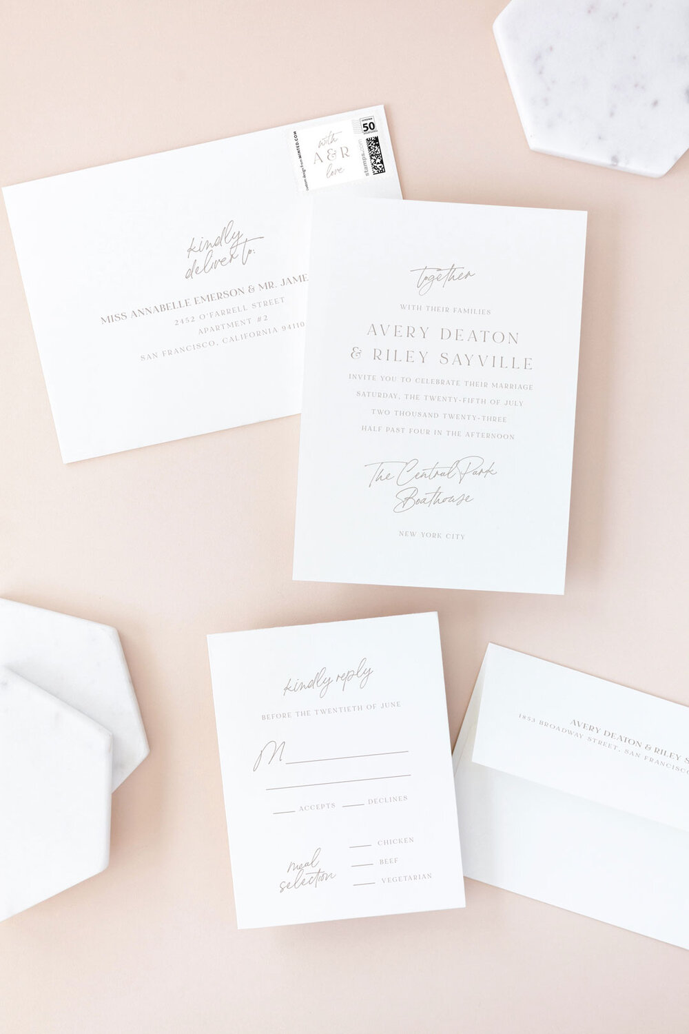 Minted Composure Tan and White Formal Wedding invitation by Jackie Mangiolino