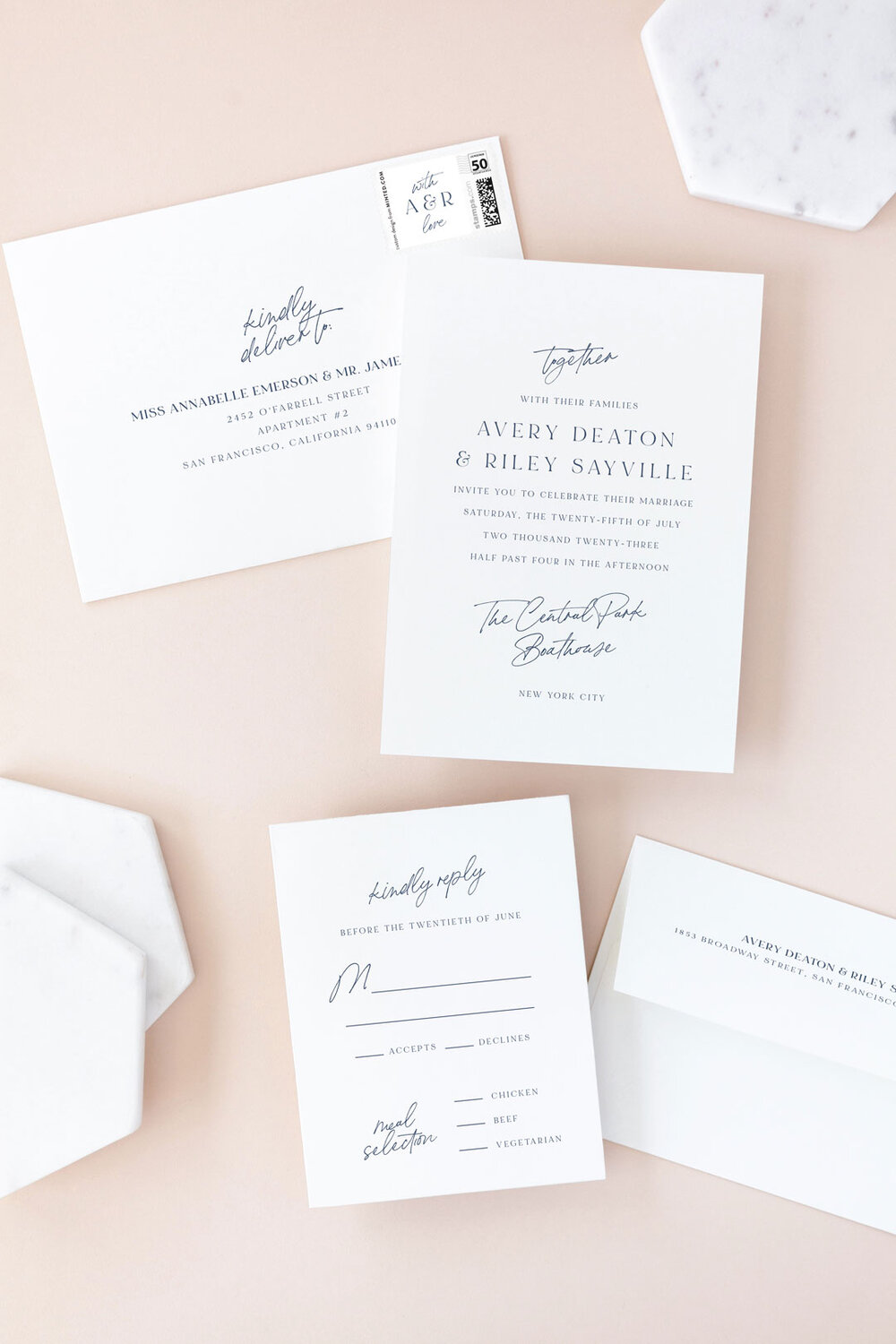 Minted Composure Navy and White Formal Wedding invitation by Jackie Mangiolino