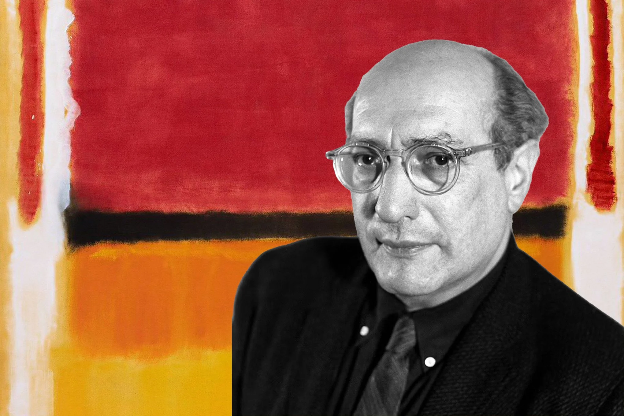 Black-and-white portrait of Mark Rothko layered over his color field painting Violet, Black, Orange, Yellow on White and Red (1949).