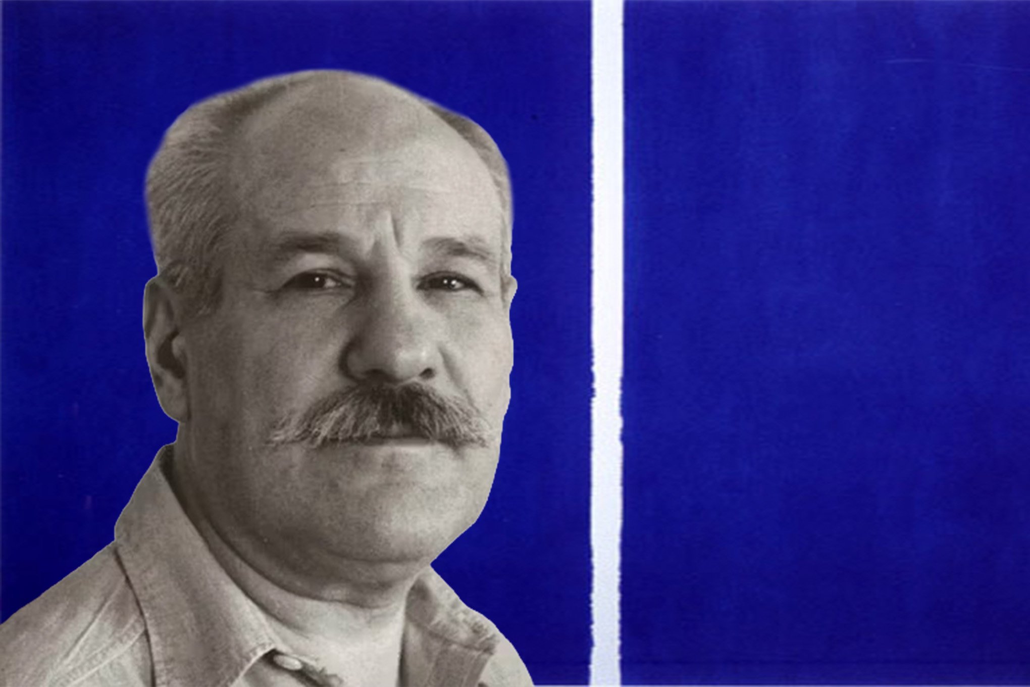 Black-and-white portrait of Barnett Newman layered over his abstract painting Onement VI (1953).