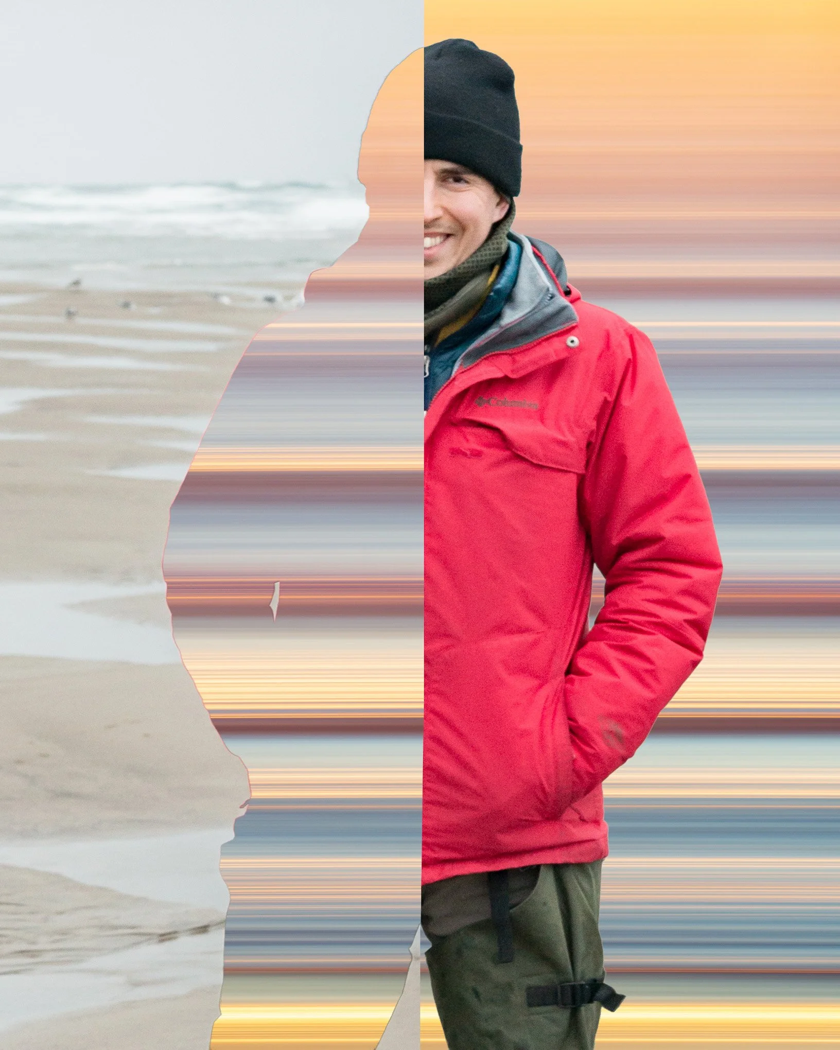 Self portrait of Brendan Alex Phoenix standing on the beach in winter combined with a Stripes BAPstract.