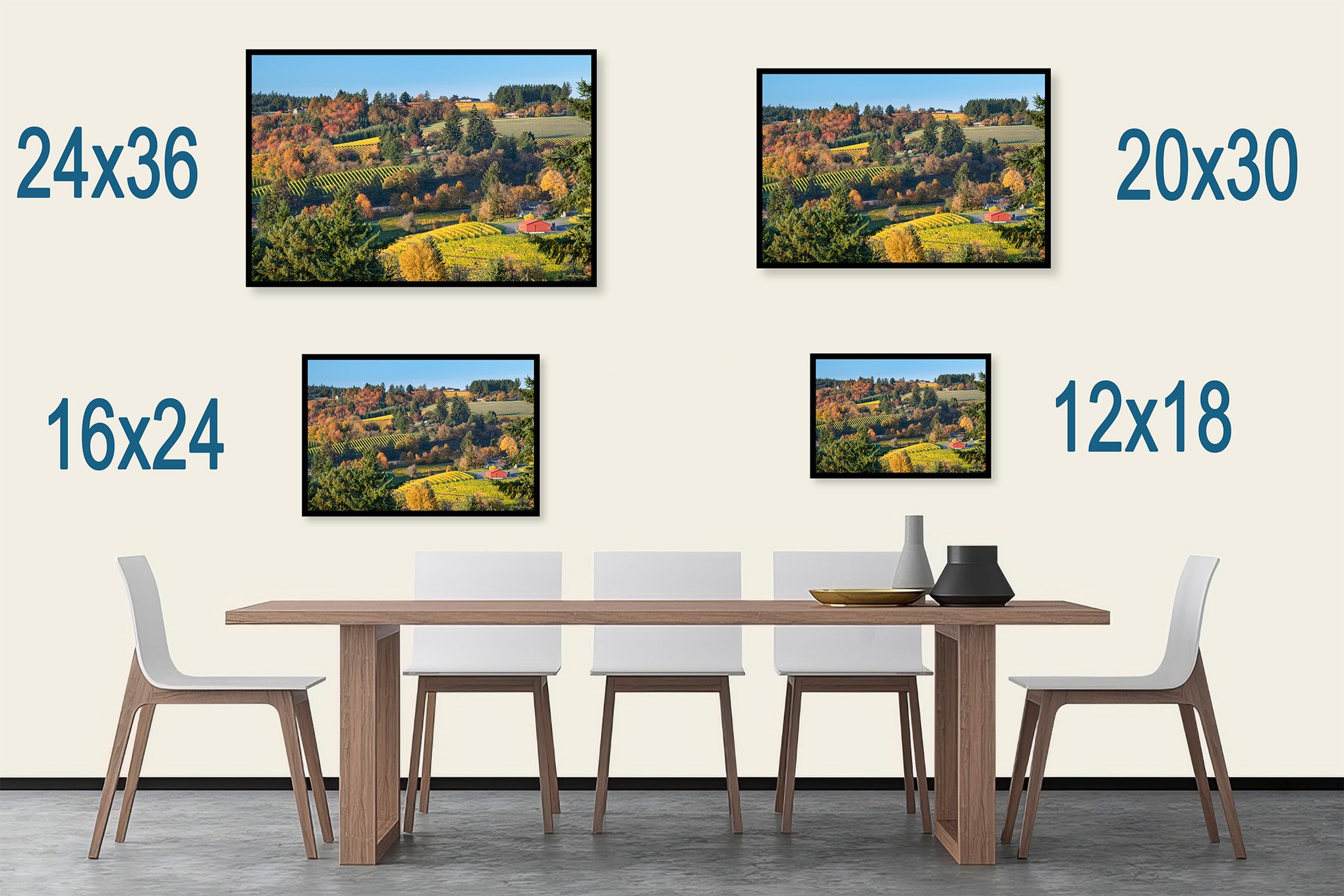 Dining room wall display showing framed landscape photography print options by Brendan Alex Phoenix in true-to-size dimensions: 24x36, 20x30, 16x24, and 12x18 inches.