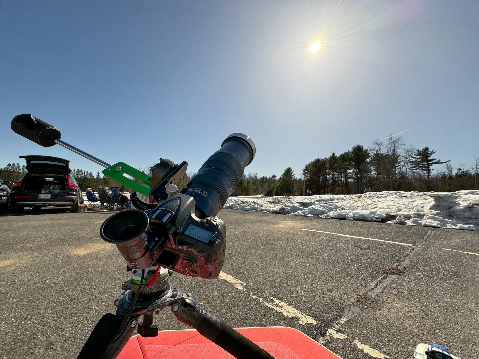 Camera setup for the 2024 April 8th total solar eclipse in the parking lot of Bethel Church in Oakfield, Maine.