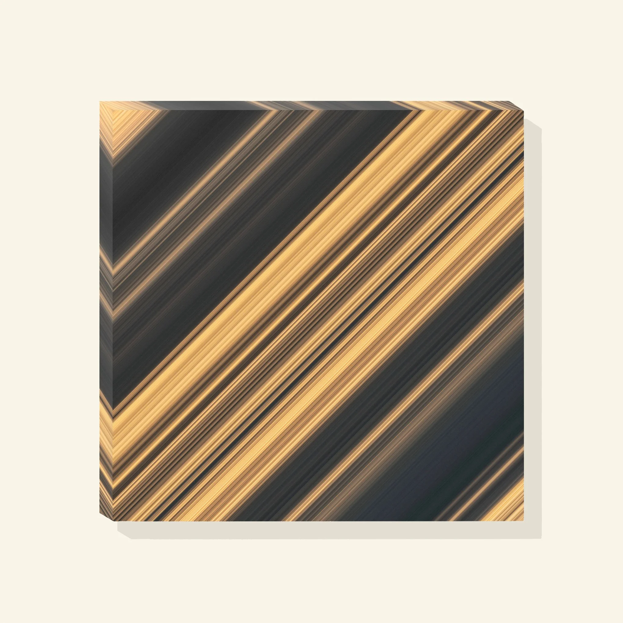 Three-dimensional “Stripes (27)” BAPstract artwork mockup by Brendan Alex Phoenix with diagonal gold and dark bands, created through intentional camera movement of sunlight on ocean waves.