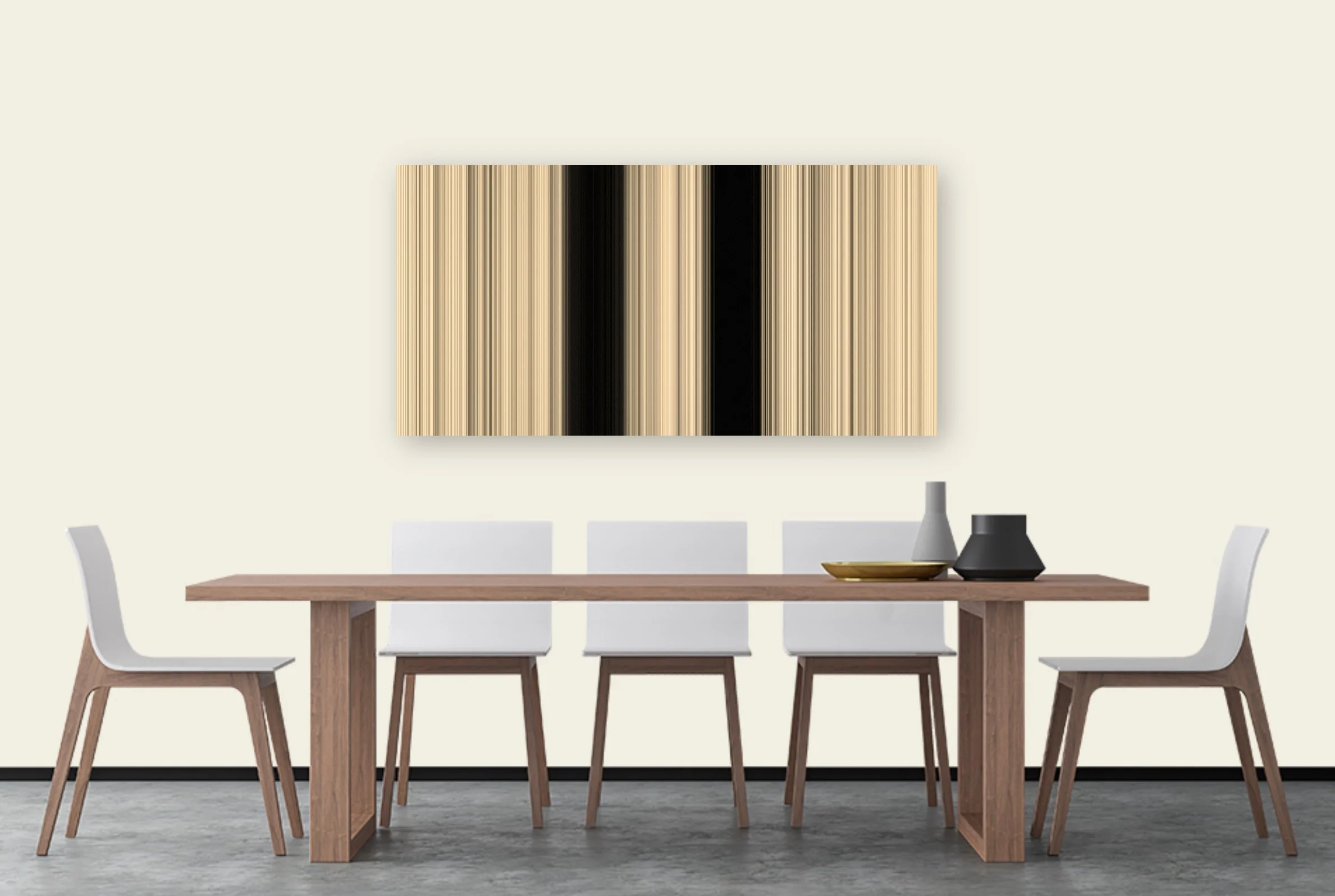 Interior mockup showing a BAPstract artwork with vertical bands of light displayed above a dining table in a modern home setting.
