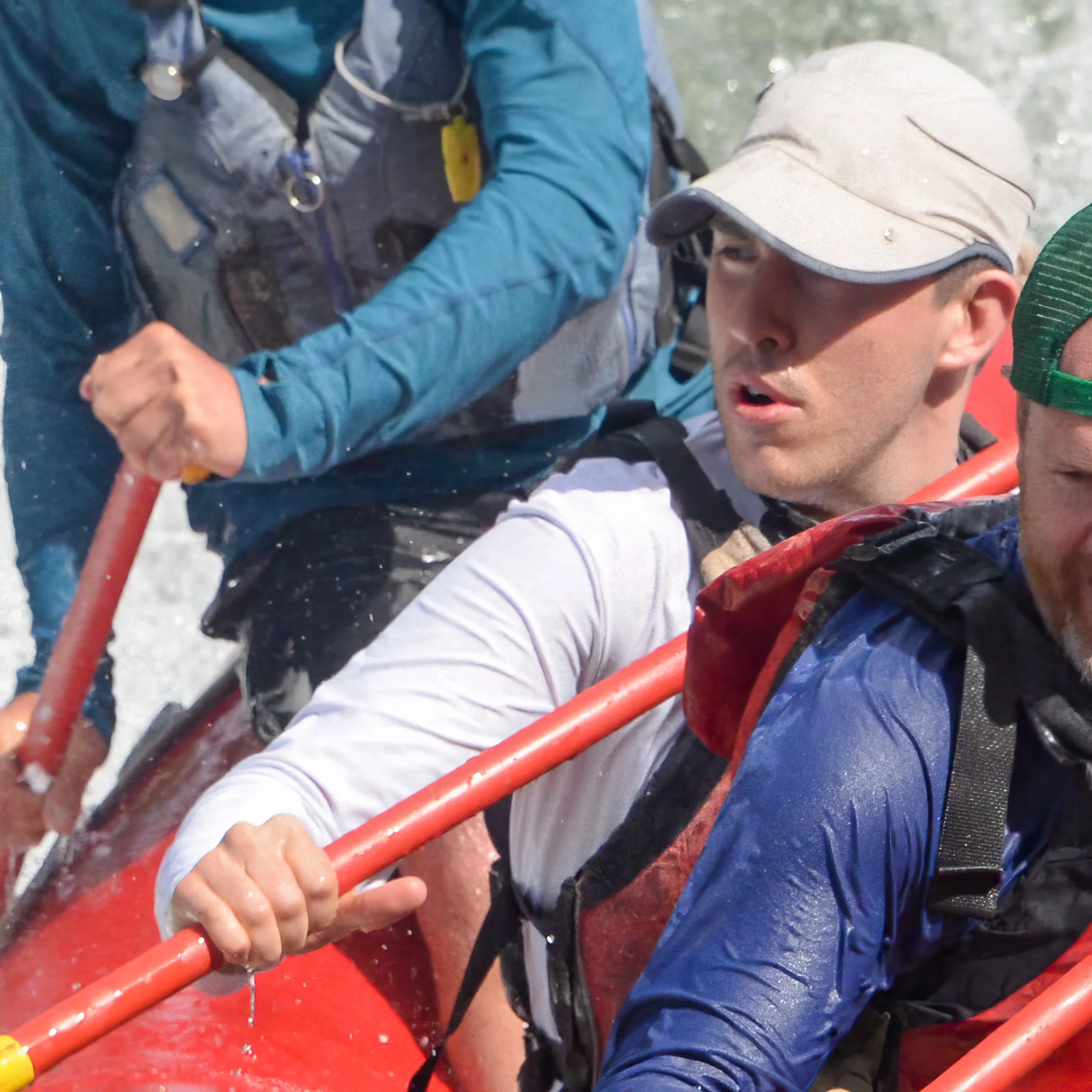 Close-up of Brendan Alex Phoenix rafting Big Eddy Rapid on the Deshutes River with Sun Country Tours.
