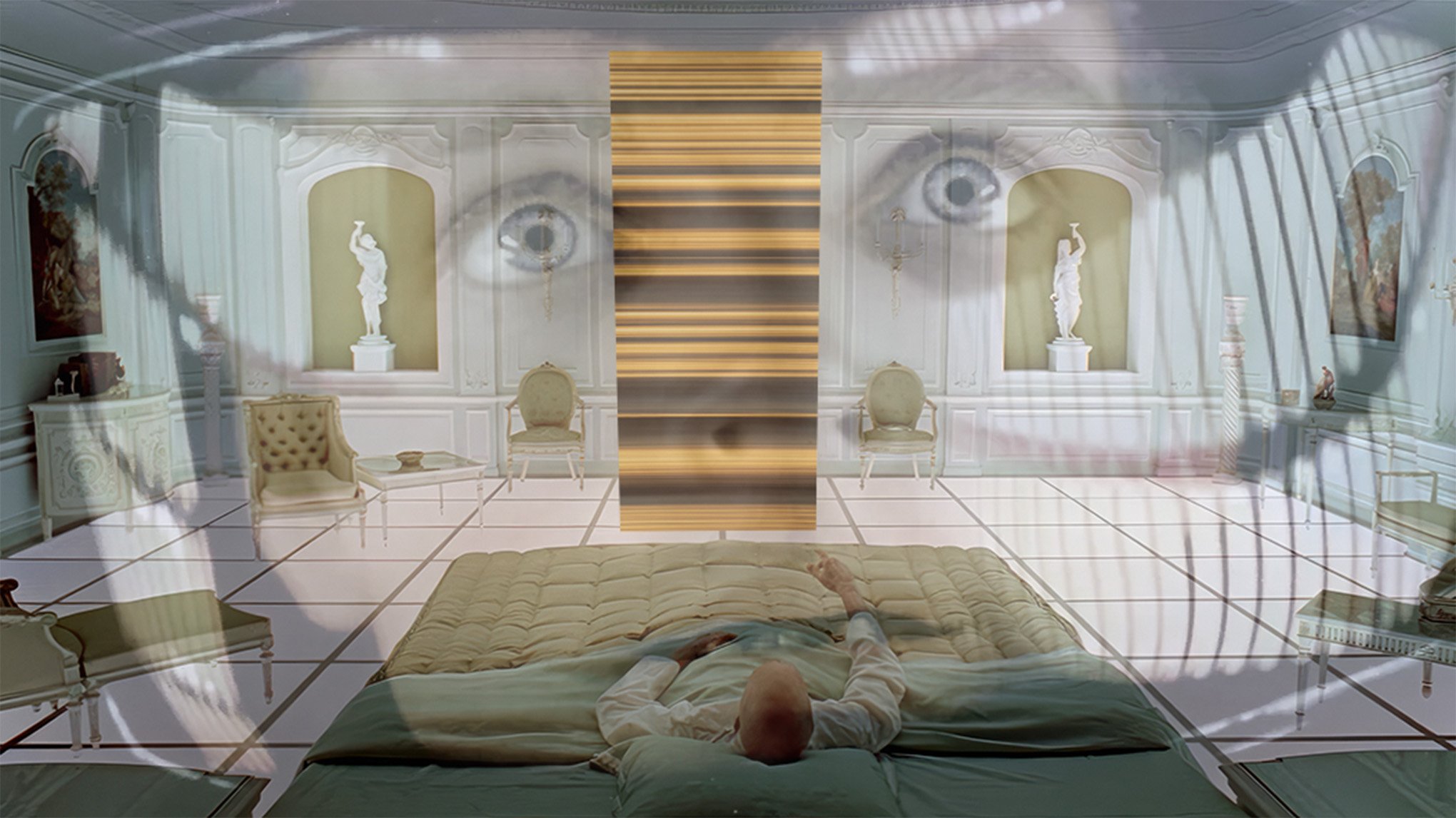 Bedroom scene from 2001: A Space Odyssey with a BAPstract covering the Monolith.