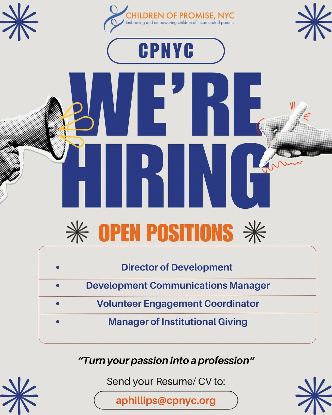 ✨ We&rsquo;re growing our team at CPNYC!
We&rsquo;re looking for motivated, passionate individuals ready to make a real impact in the lives of NYC children of incarcerated parents. If you believe in the power of safe spaces, development, and breaking