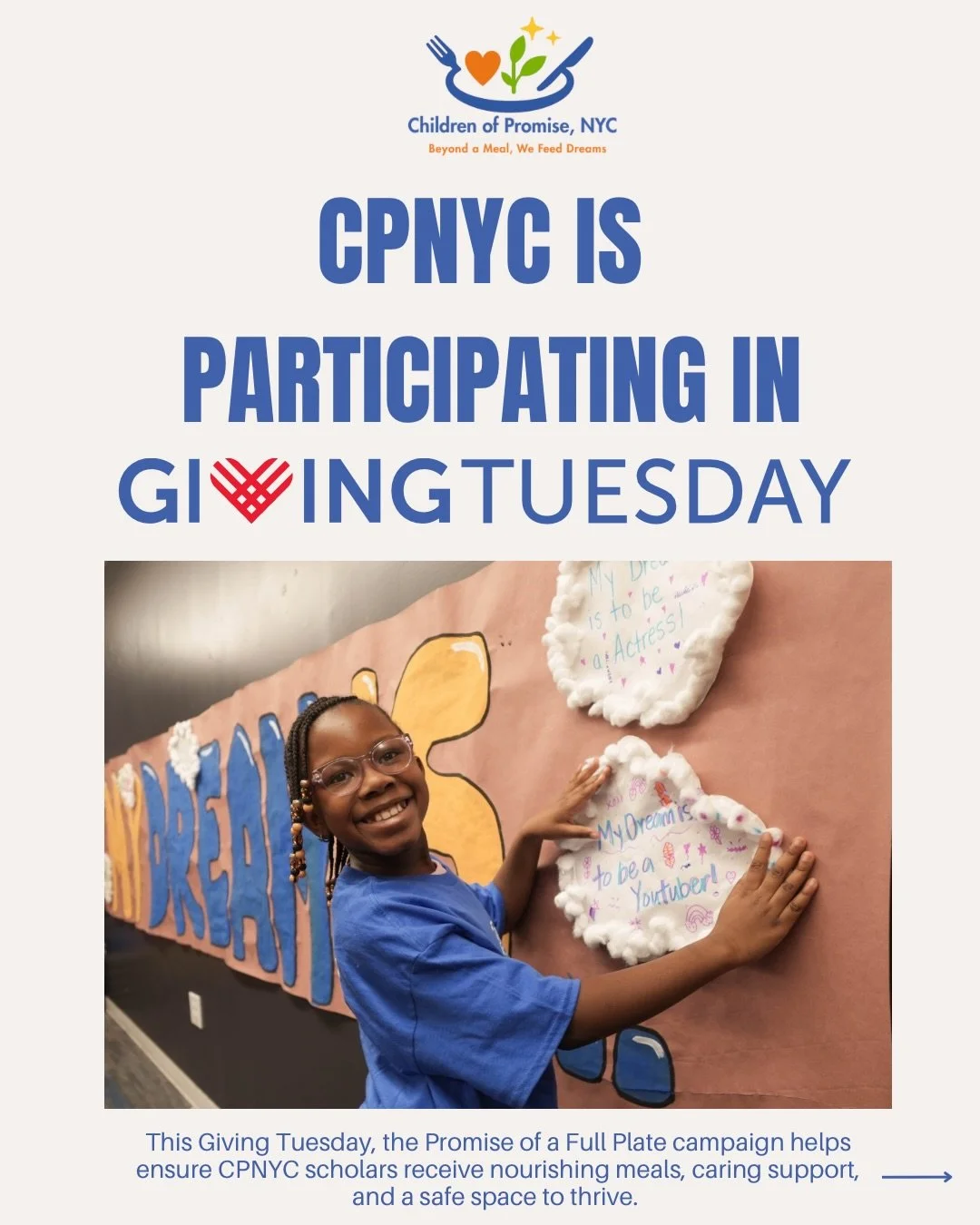 📢 Tomorrow is Giving Tuesday!&nbsp;
Our scholars face food insecurity and daily challenges that most kids never imagine. The Promise of a Full Plate campaign ensures every child at CPNYC gets meals, academic support, mental health care, and a commun