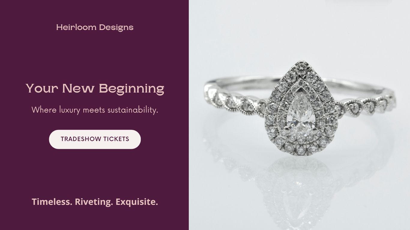 Landing page to purchase tradeshow tickets. Image is of a pear shaped diamond ring.