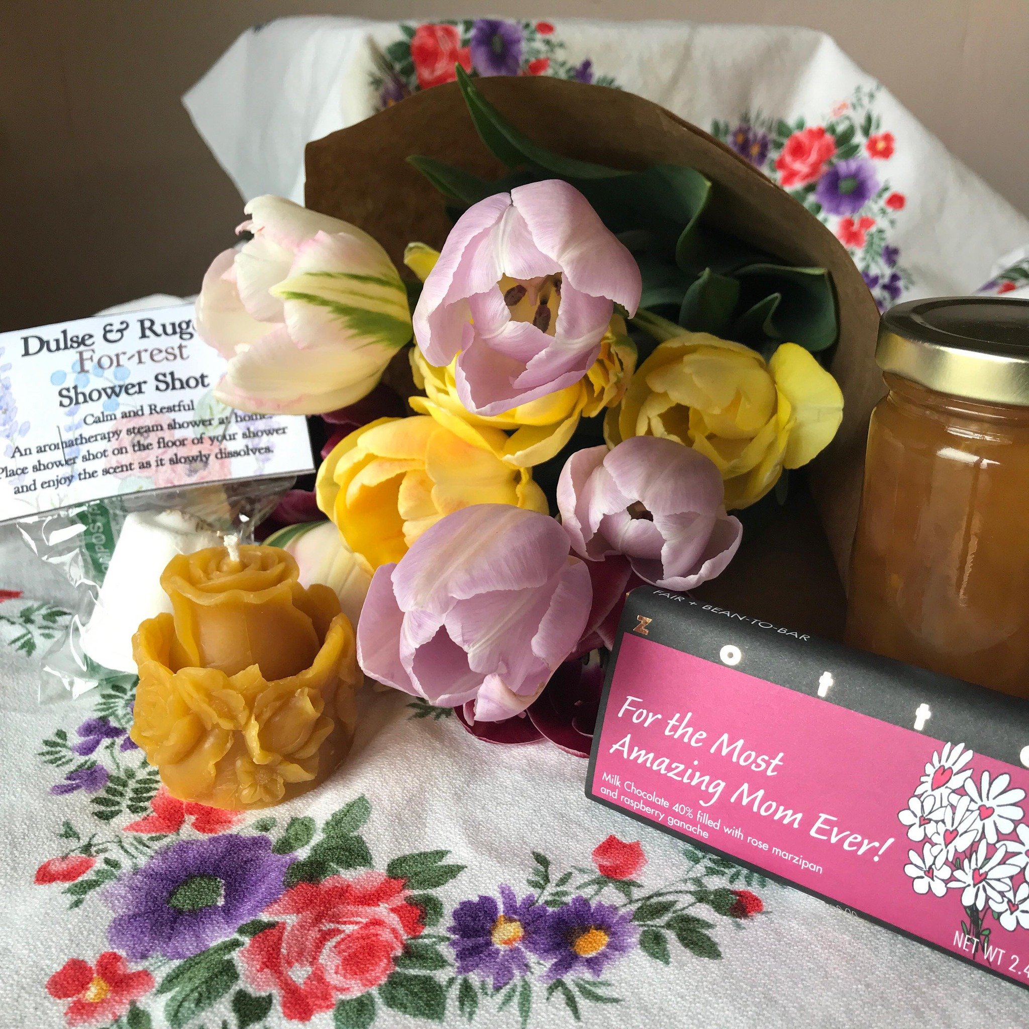 There&rsquo;s still time to order a Mother&rsquo;s Day gift package from us, but orders close Friday, May 3 so order soon! 

The gift is everything you see here, but packaged in a handled bag tied with ribbon: @easternriverfarm tulips, @zotterchocola