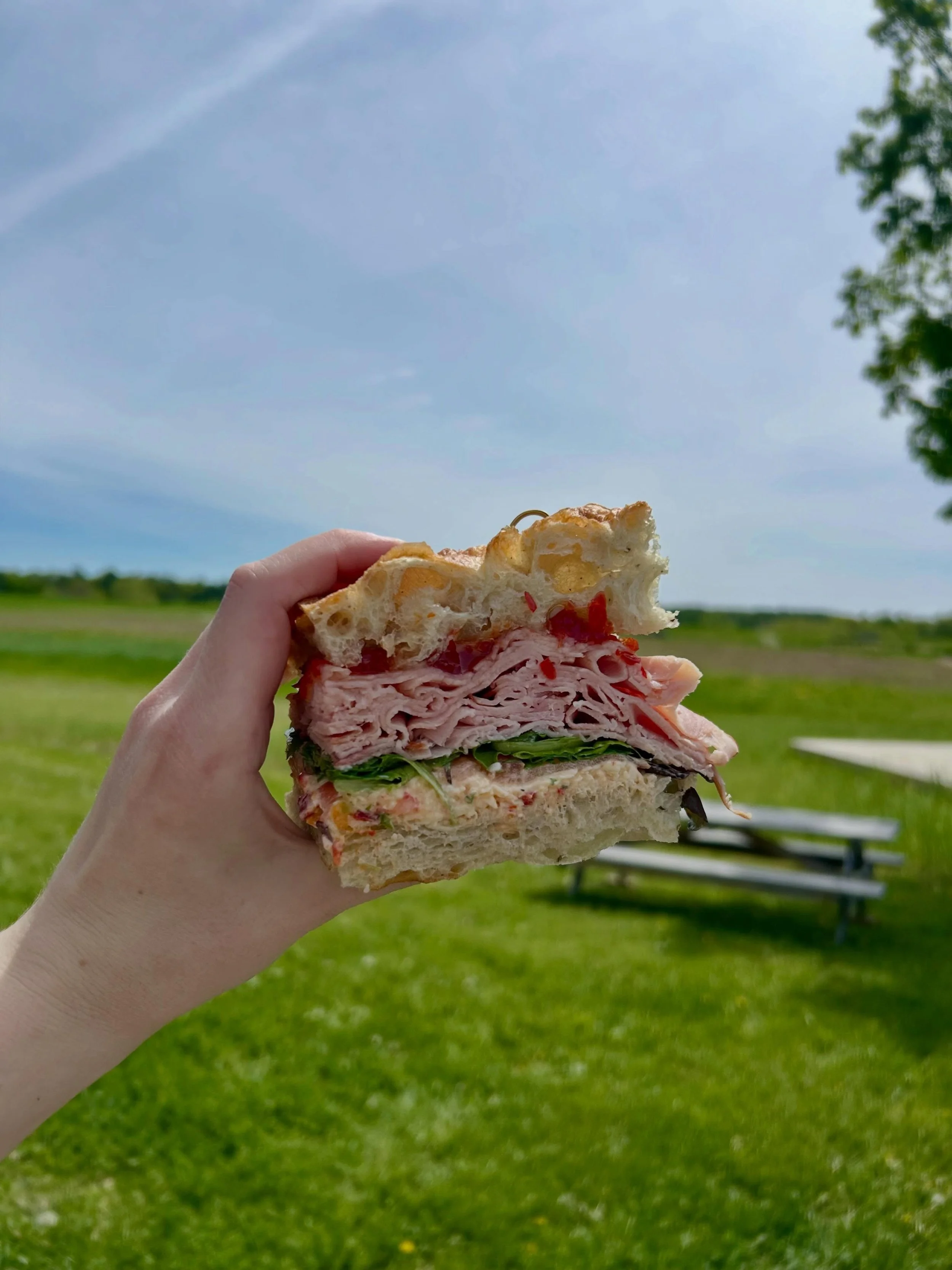 Salty ham, house-made pimento cheese, Morse&rsquo;s pickles, tomato, farm greens on fresh baked focaccia

Sandwich of the weekend!