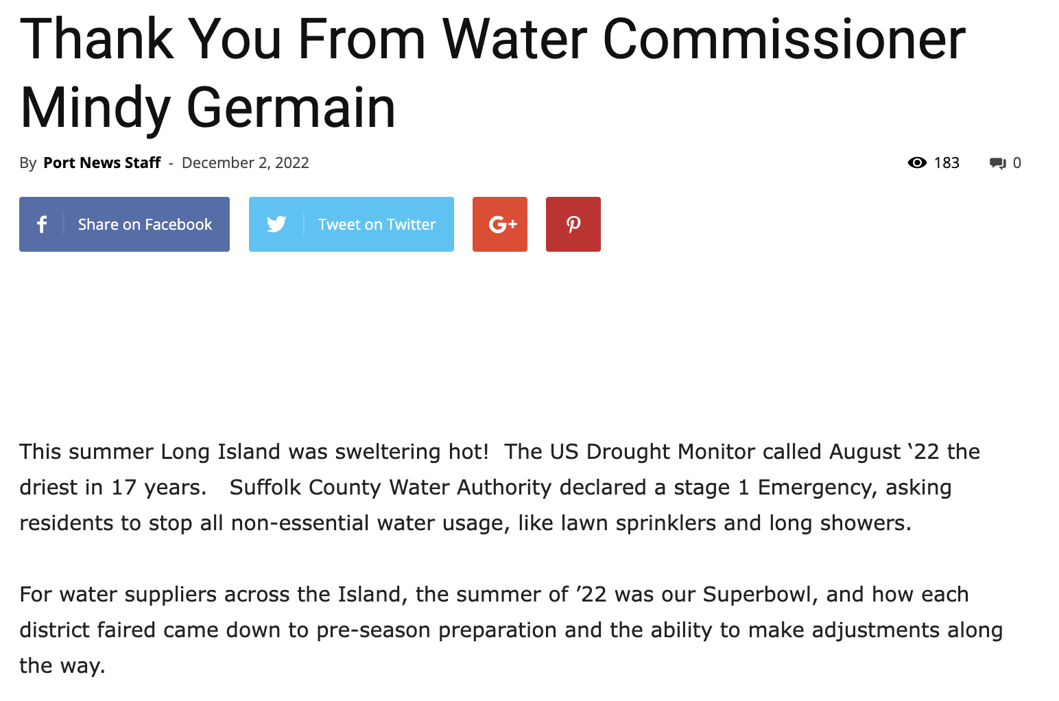 Thank You From Water Commissioner Mindy Germain