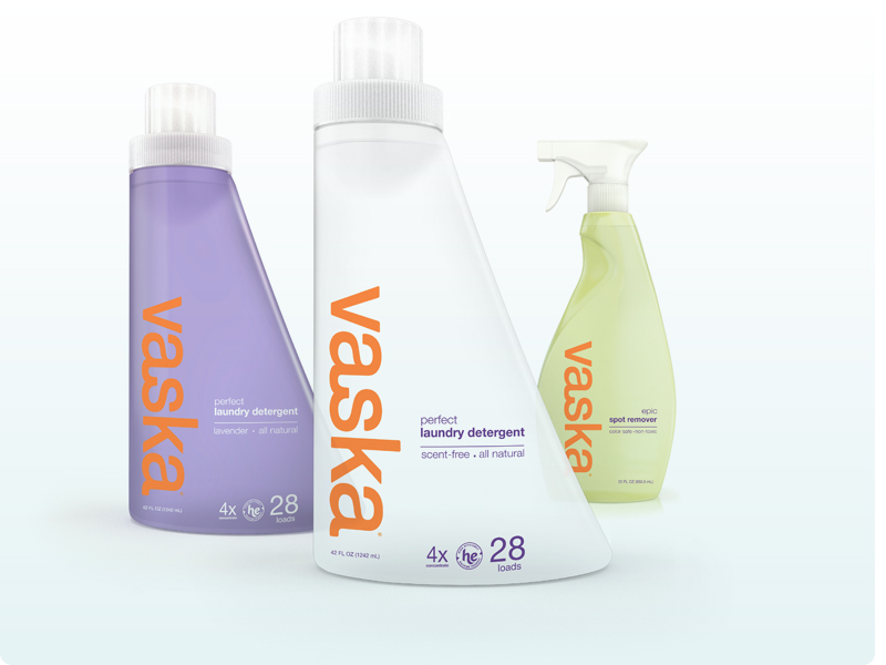 Vaska Green Laundry Detergent Packaging Vaska's original sizes of 48 oz and 96 oz bottles have been updated with the newly designed smaller bottles in 42 oz and 6 oz sizes. As pure and safe for the environment and the skin, 100% biodegradable and hypoallergenic, all bottles are produced out of recycled materials.