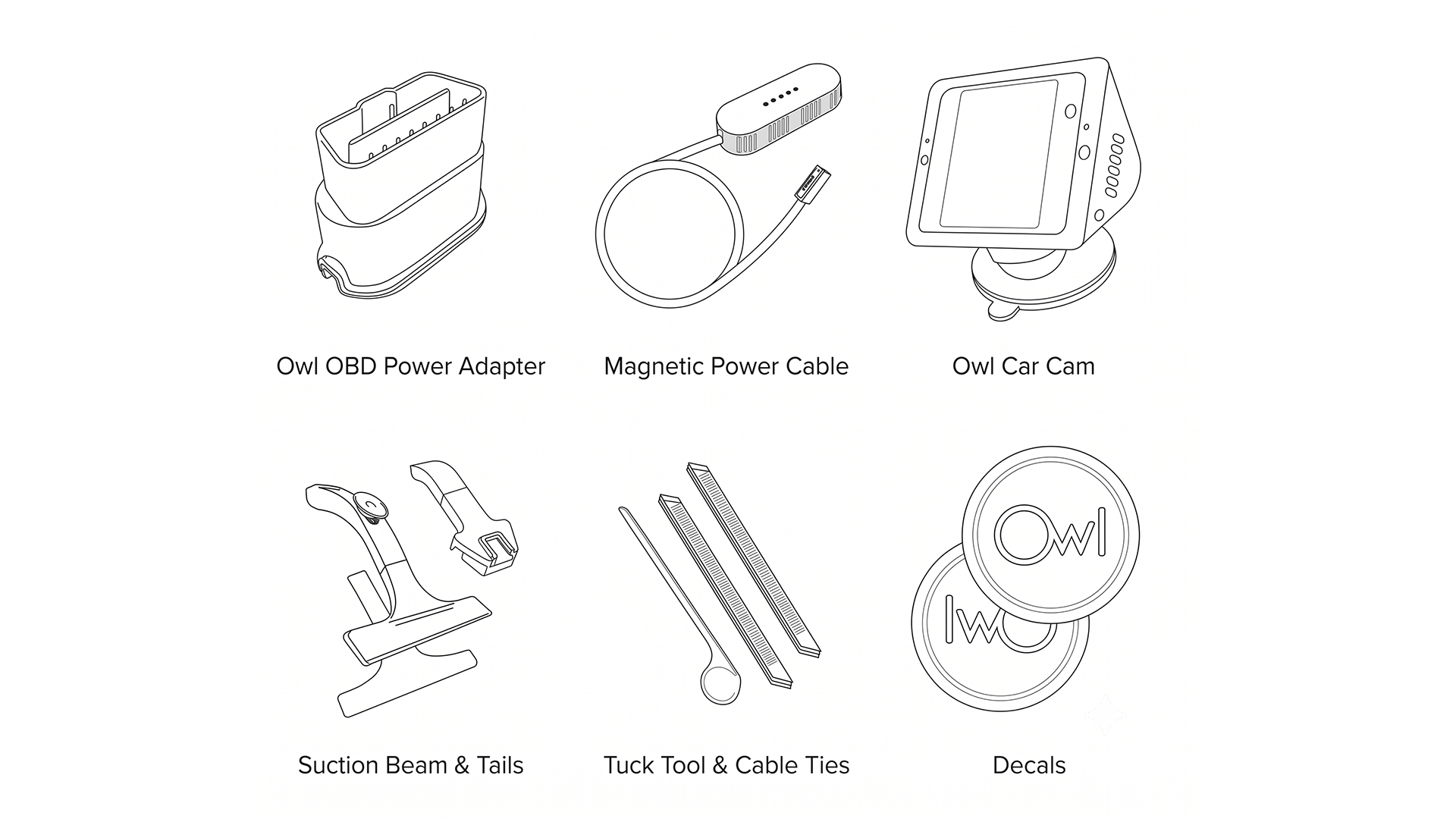 Packaging content: OBD Power Adapter, Magnetic Power Cable, Owl Car Cam, Suction Beam & 3 Tails, Tuck Tool & Cable Ties, Decals