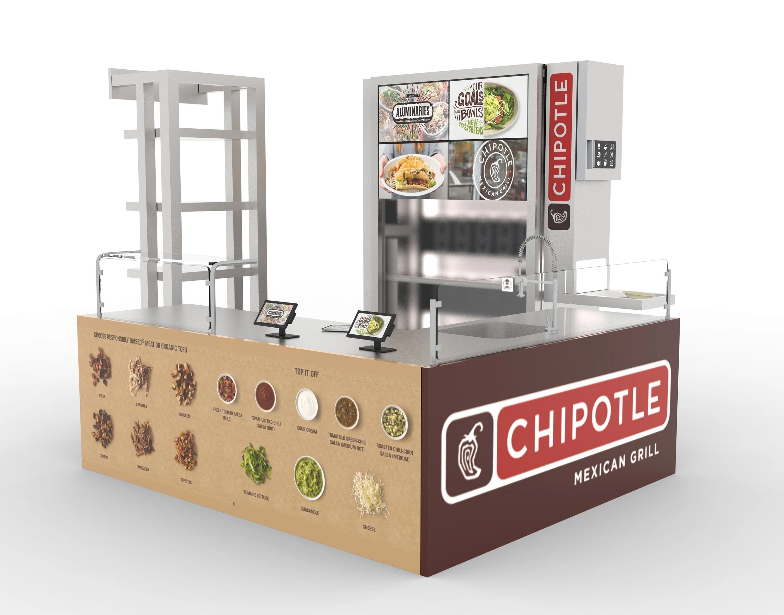 freestanding Chipotle-branded kitchen with 3-door refrigerator, heating unit and order pick-up rack