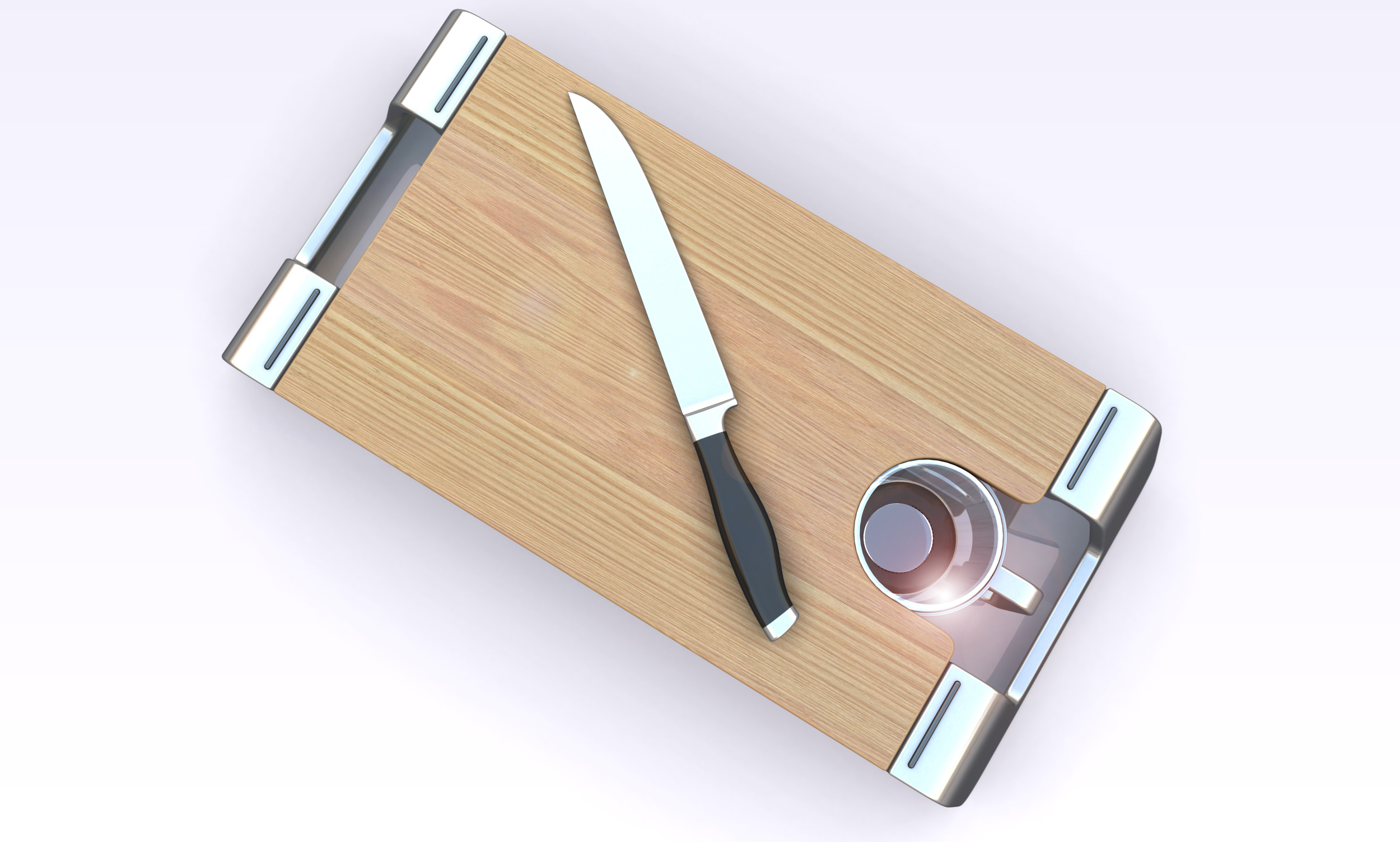 cutout allows users to place short blender cup below cutting board to swipe sliced food into