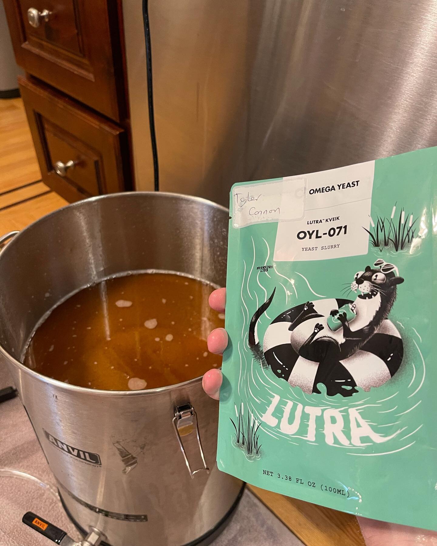 hoppy amber brew day! thanks to the double crush from @bitterandesters this new rig is officially hovering around 77% even with bigger beers. this 5 gallon batch will hit around 6.5%. using lutra my house strain from @omegayeast, this should be ferme