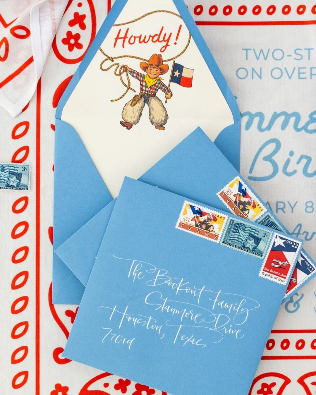 Swipe to see this bandana birthday invite come to life 🎉 Custom invitation design by @magnoliaboonepaperie and my fun envelope calligraphy for the cutest party details! 🤠 

Such a honor to work with a talented stationery designer like @milanorgan I