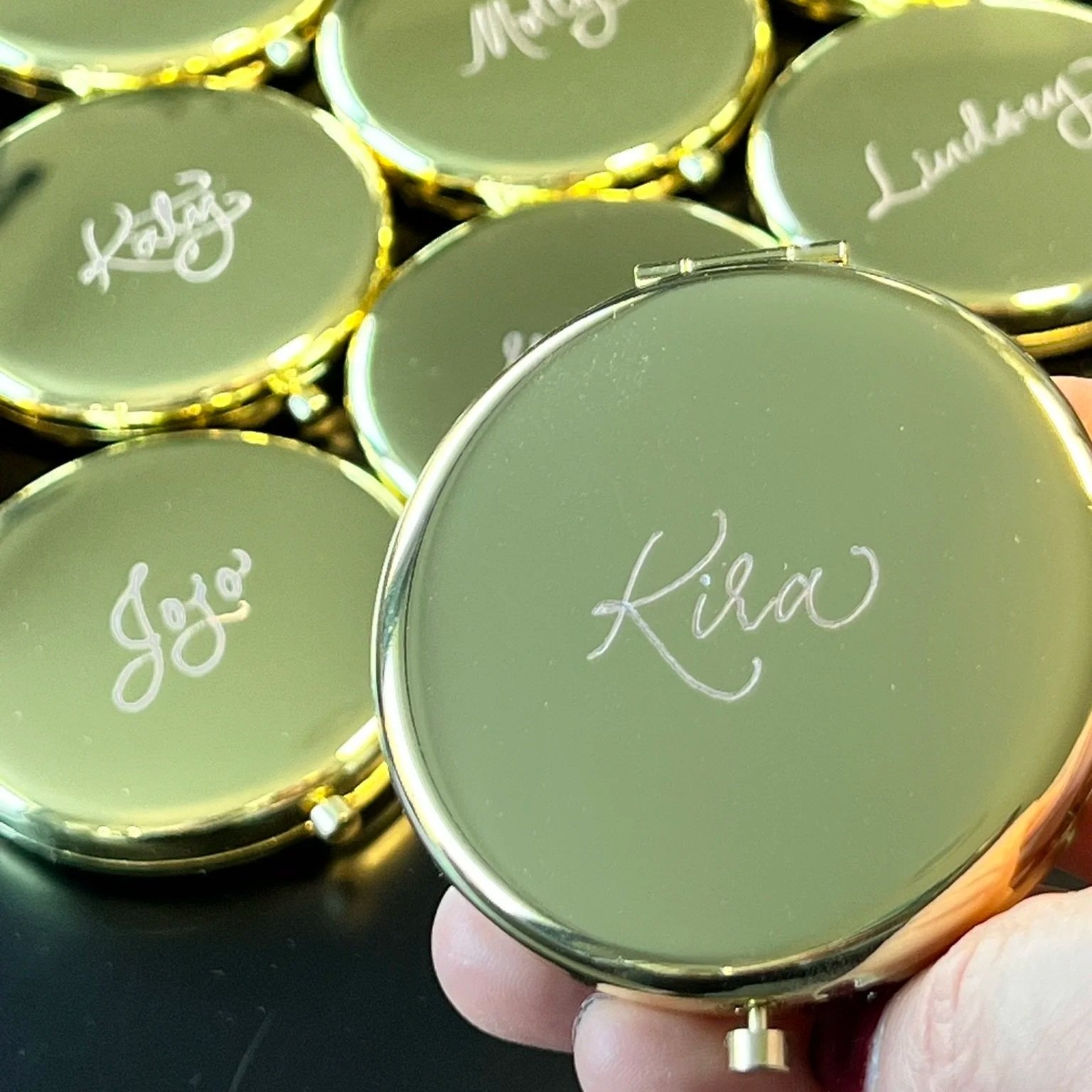 Engraved compact mirrors personalized gifts with names etched on by hand