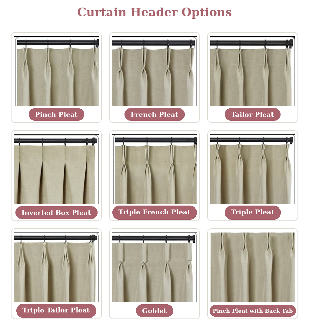 TwoPages curtain header style options reference chart including pinch pleat, ripple fold, and pencil pleat