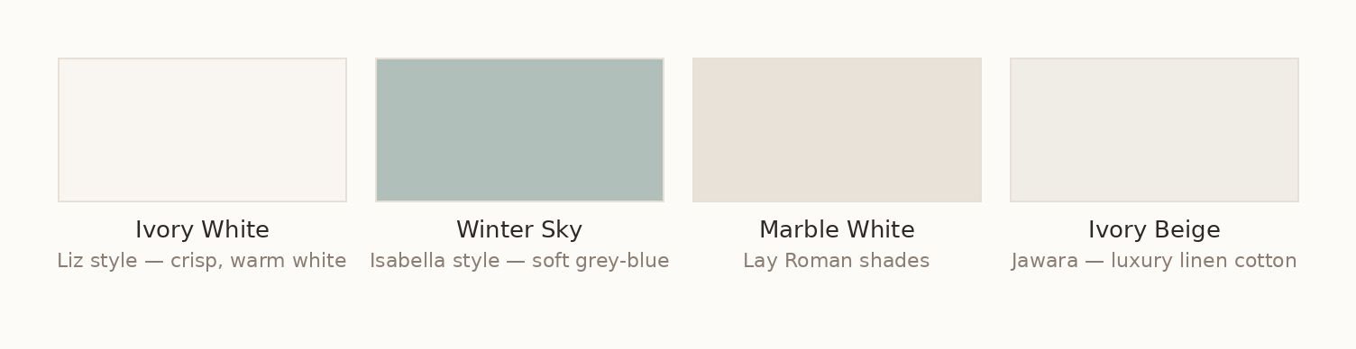 TwoPages curtain color swatches — Ivory White, Winter Sky, Marble White, and Ivory Beige