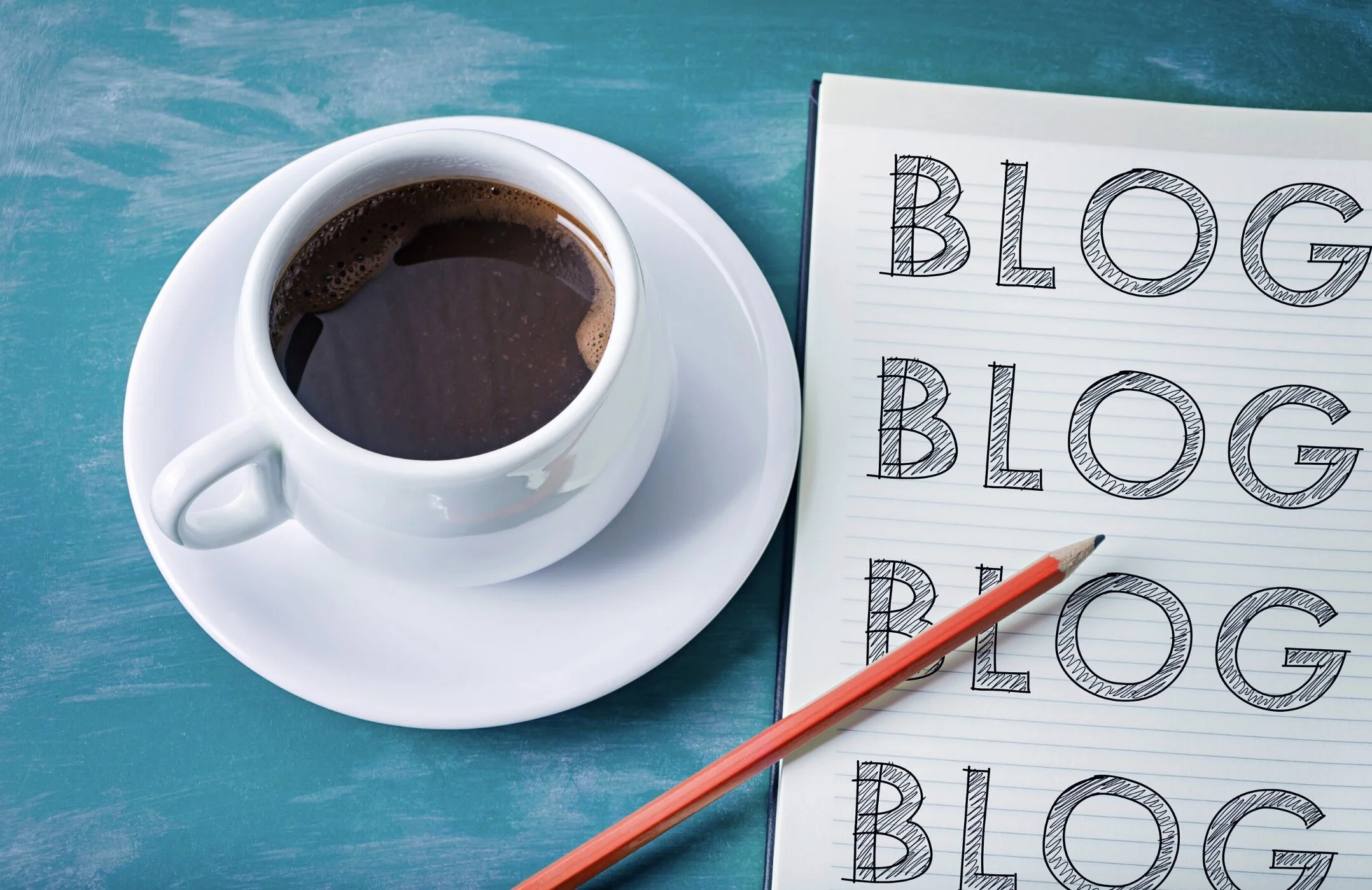 cup of coffee plus notepad with “blog” written on it