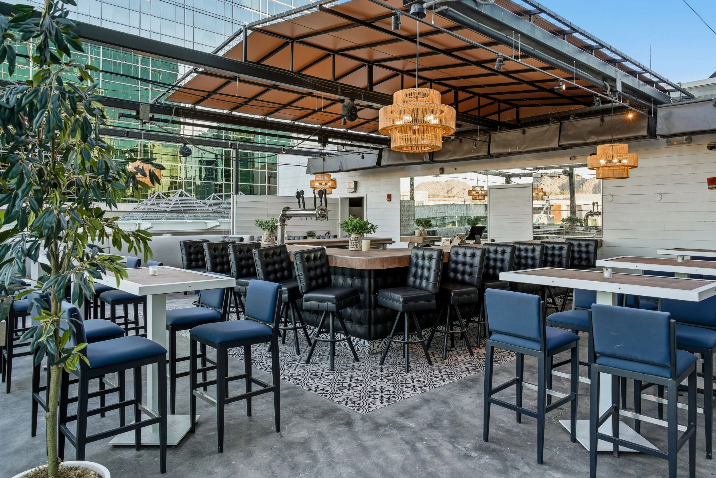 Upstairs at FLINT rooftop private event space in Phoenix’s Biltmore neighborhood, available for up to 75 seated or 92 standing guests.
