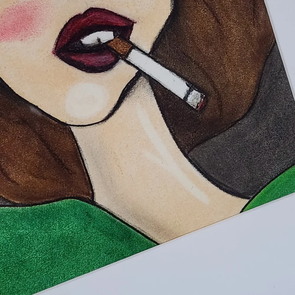 female smoking original art pastel painting matt black frame tammy rice art  modern cubism art — Tammy Rice Art