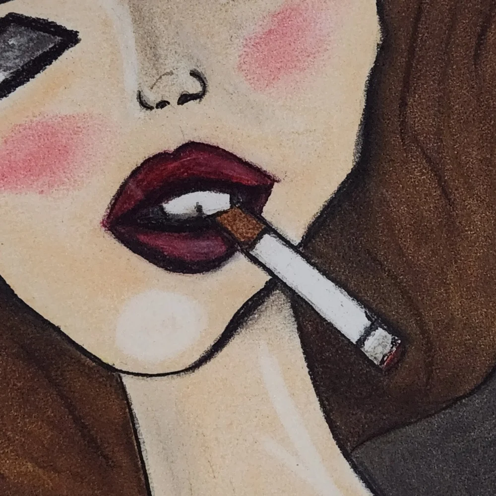 cigarette pastel female smoking original art pastel painting matt black frame tammy rice art  modern cubism art — Tammy Rice Art
