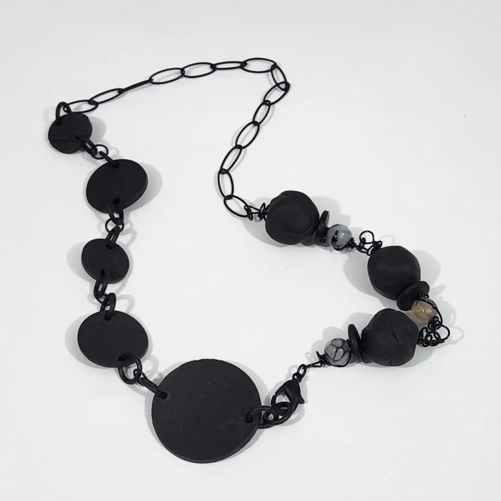 Black necklace with gemstones inner tube jewelry handmade clay