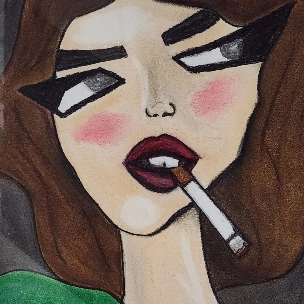 female smoking original art pastel painting matt black frame tammy rice art  modern cubism art — Tammy Rice Art