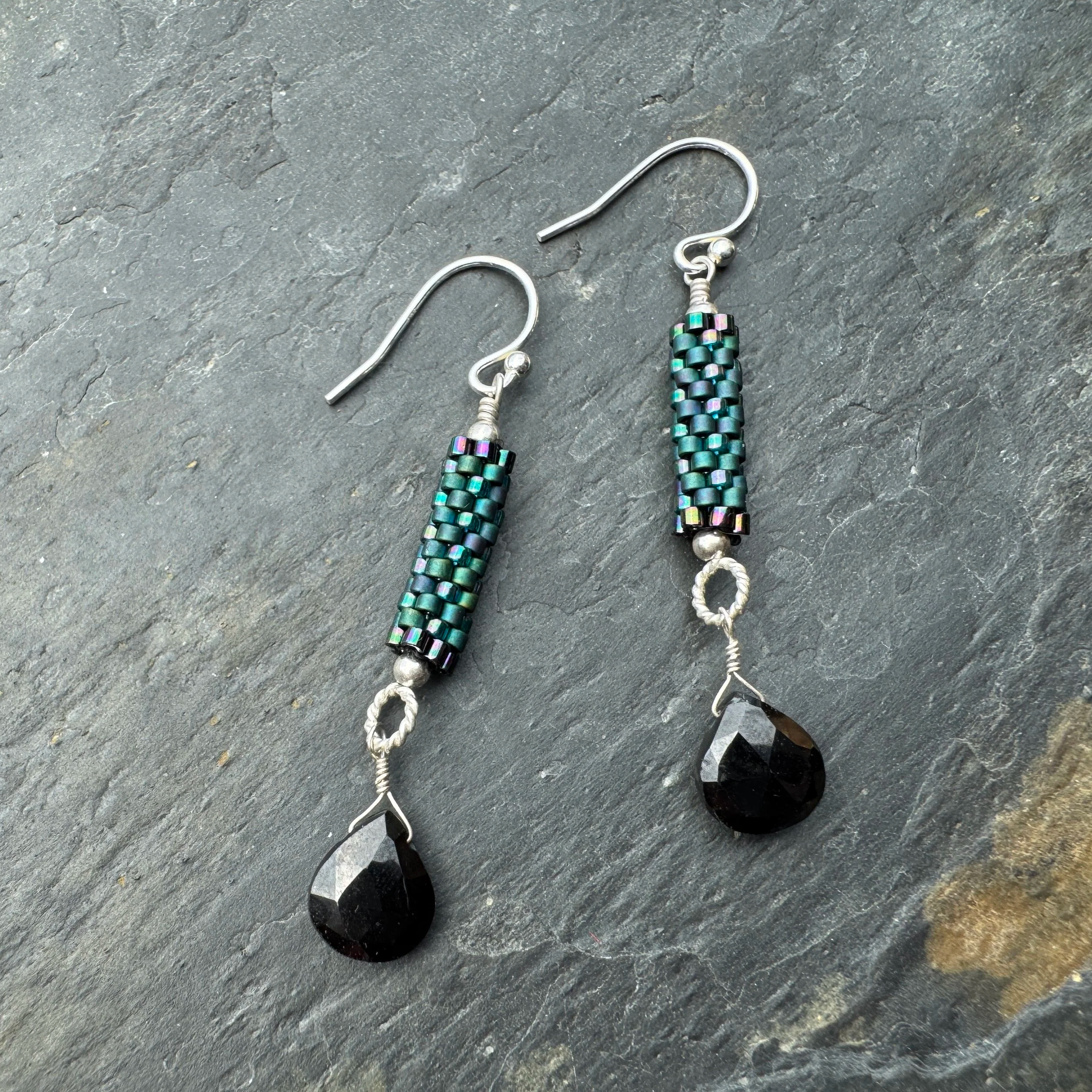 Stitched Earrings With Black Spinel