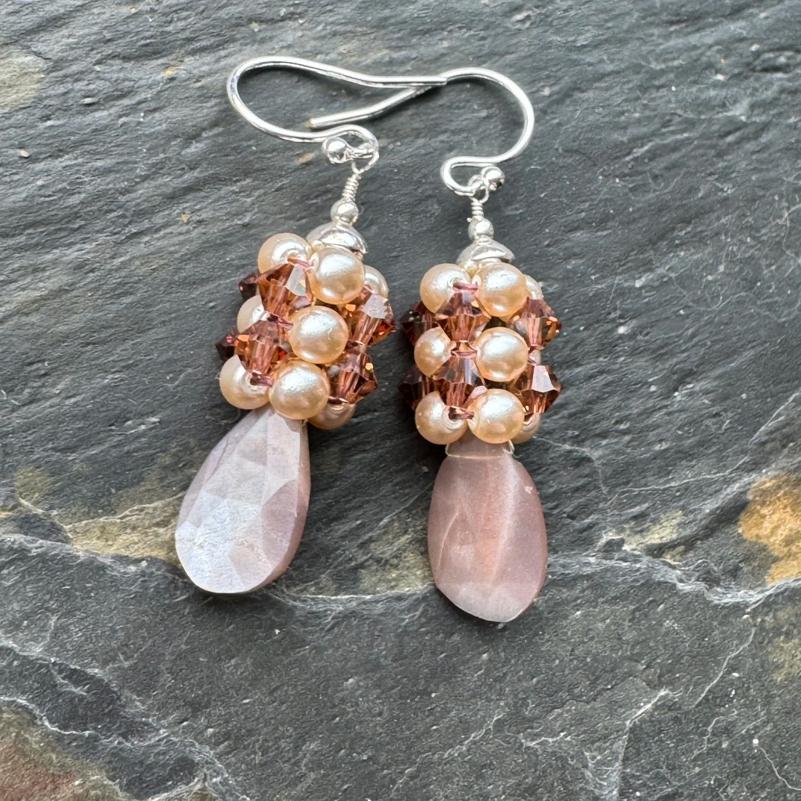 Stitched Earrings with Natural Moonstone